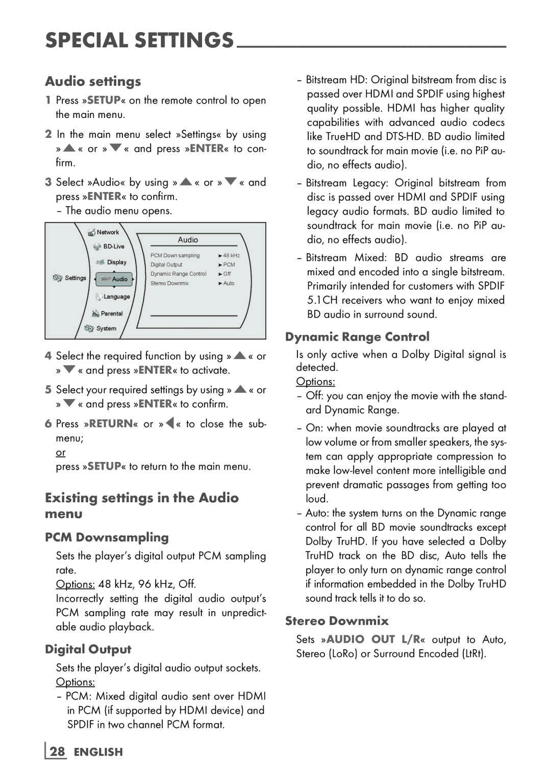 Grundig GBP 6000 2D manual Audio settings, Existing settings in the Audio menu 