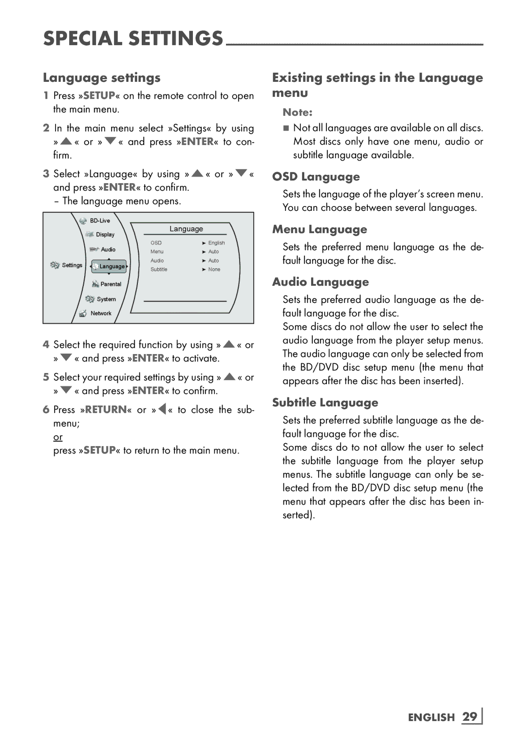 Grundig GBP 6000 2D manual Language settings, Existing settings in the Language menu 