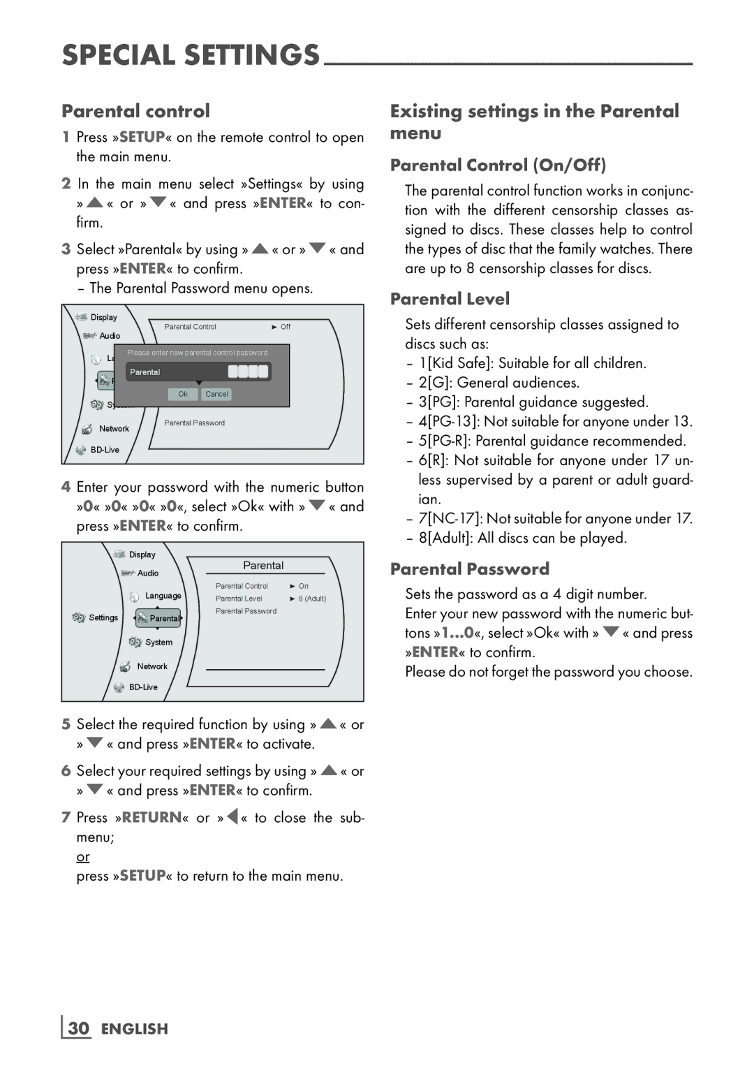 Grundig GBP 6000 2D Parental control, Existing settings in the Parental menu, Parental Control On/Off, Parental Level 