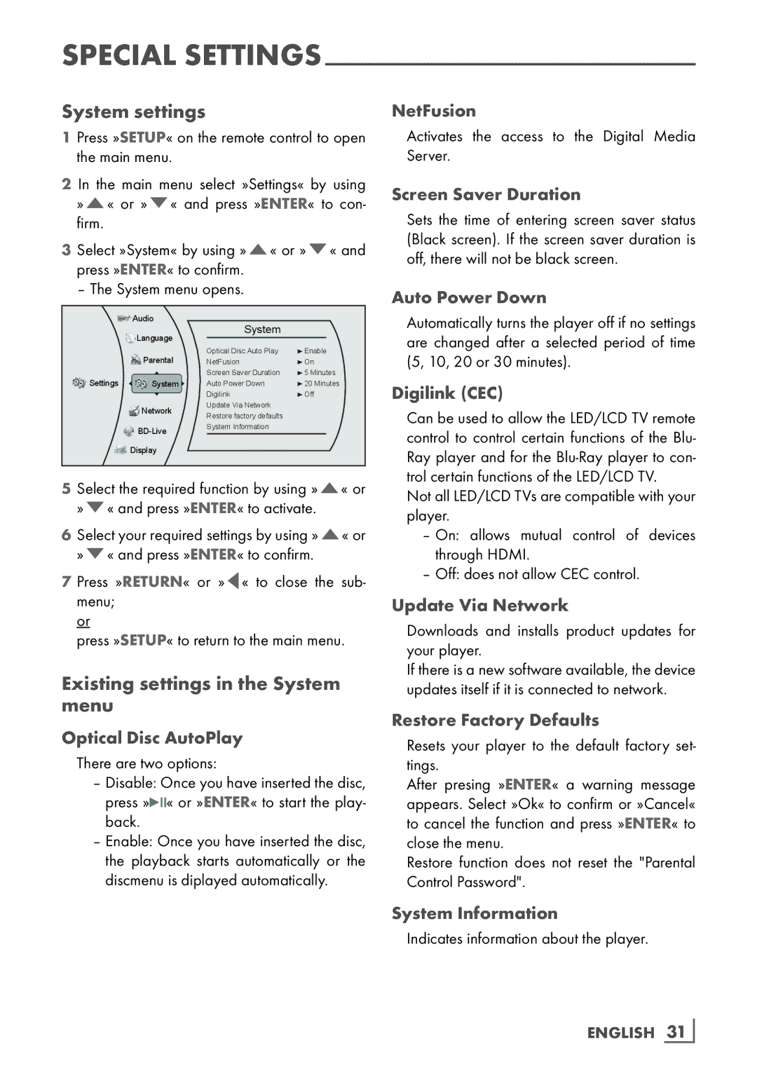 Grundig GBP 6000 2D manual System settings, Existing settings in the System menu 