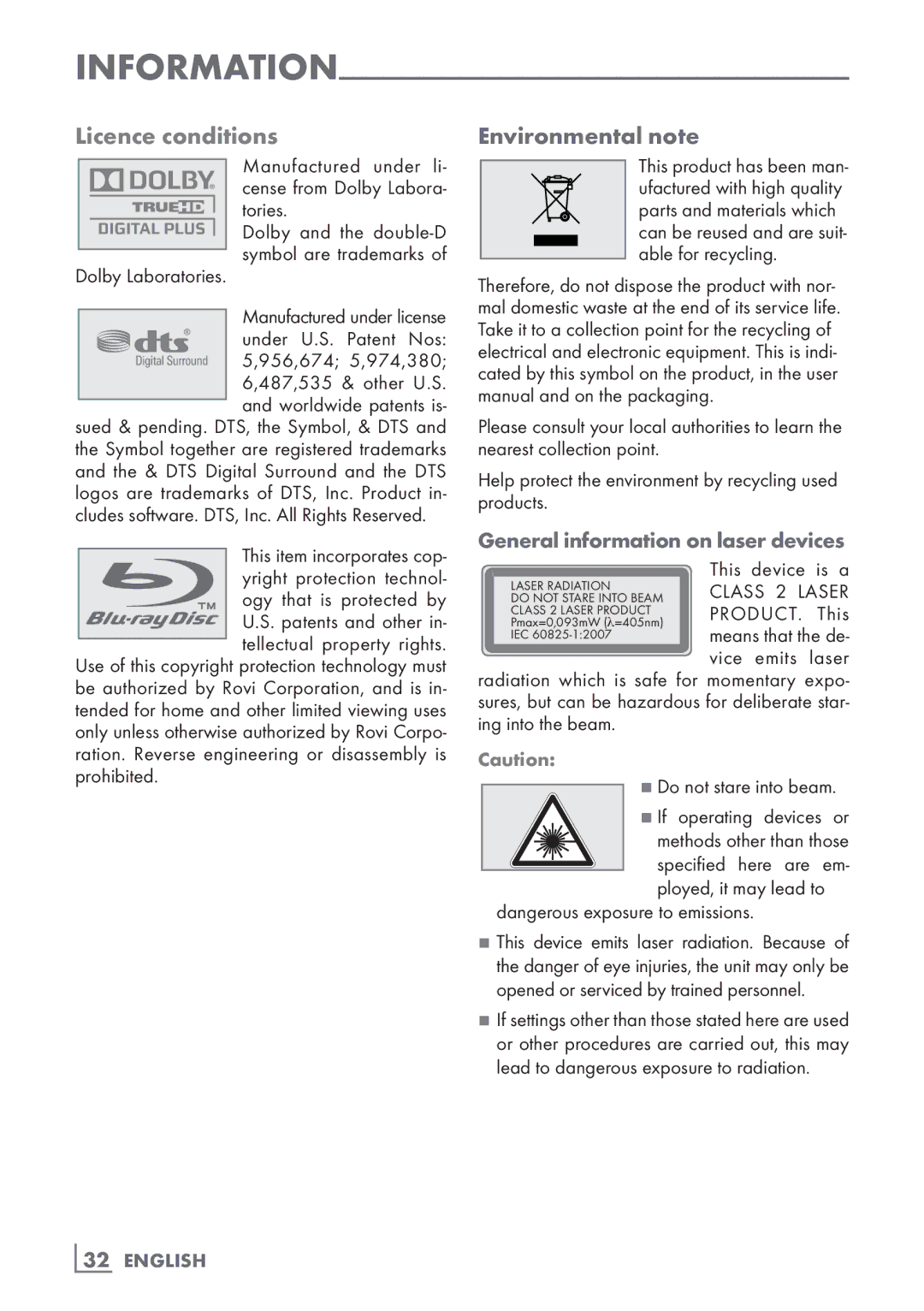 Grundig GBP 6000 2D manual Environmental note, General information on laser devices, 32­ English 