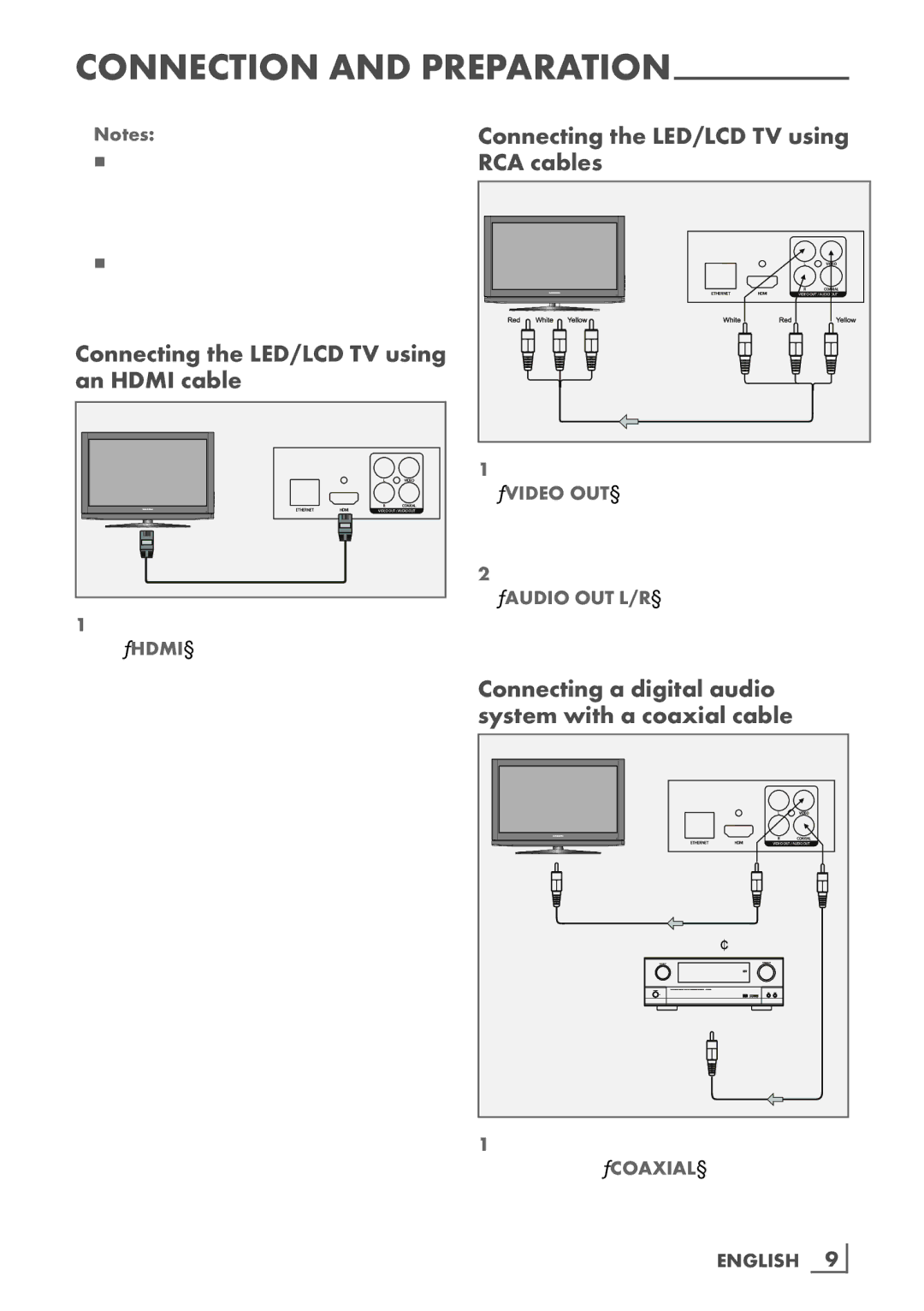 Grundig GBP 6000 2D Connecting the LED/LCD TV using an Hdmi cable, Connecting the LED/LCD TV using RCA cables, English 9­ 