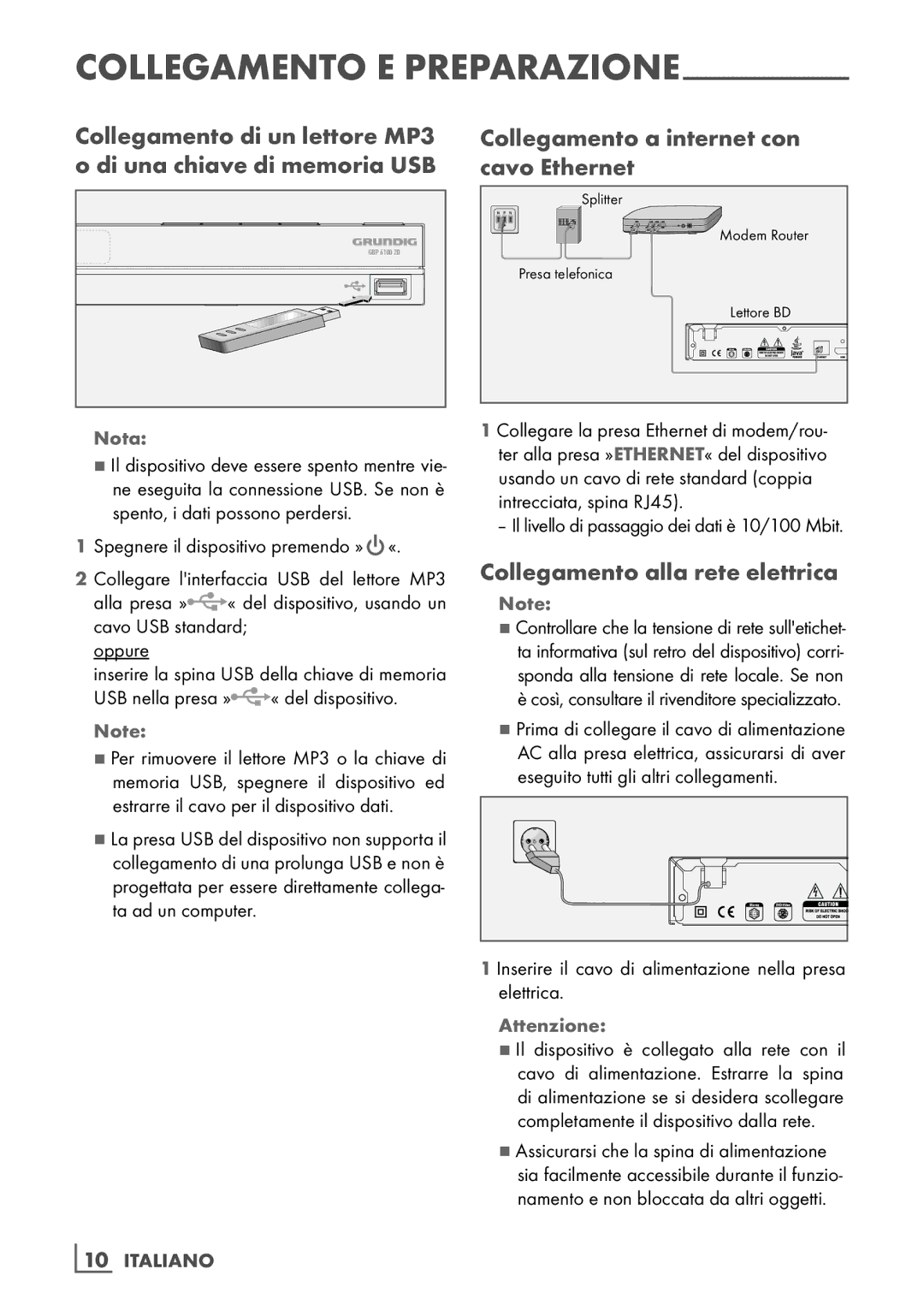 Grundig GBP 6100 2D manual Collegamento a internet con cavo Ethernet, Collegamento alla rete elettrica 