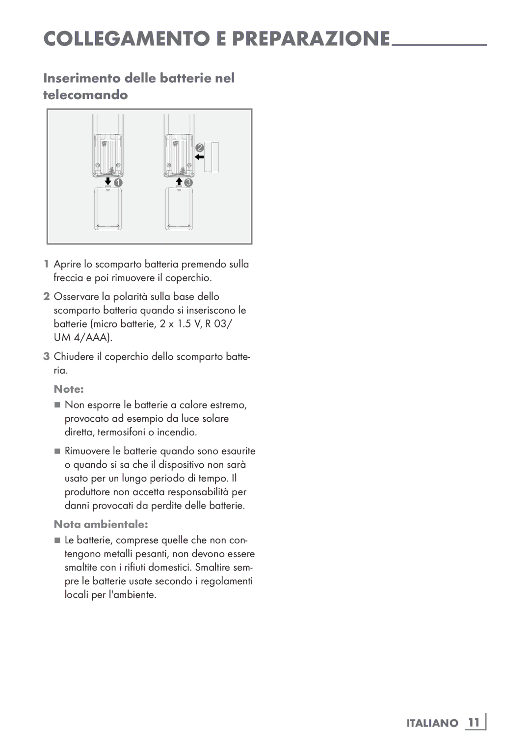 Grundig GBP 6100 2D manual Inserimento delle batterie nel telecomando, Nota ambientale 