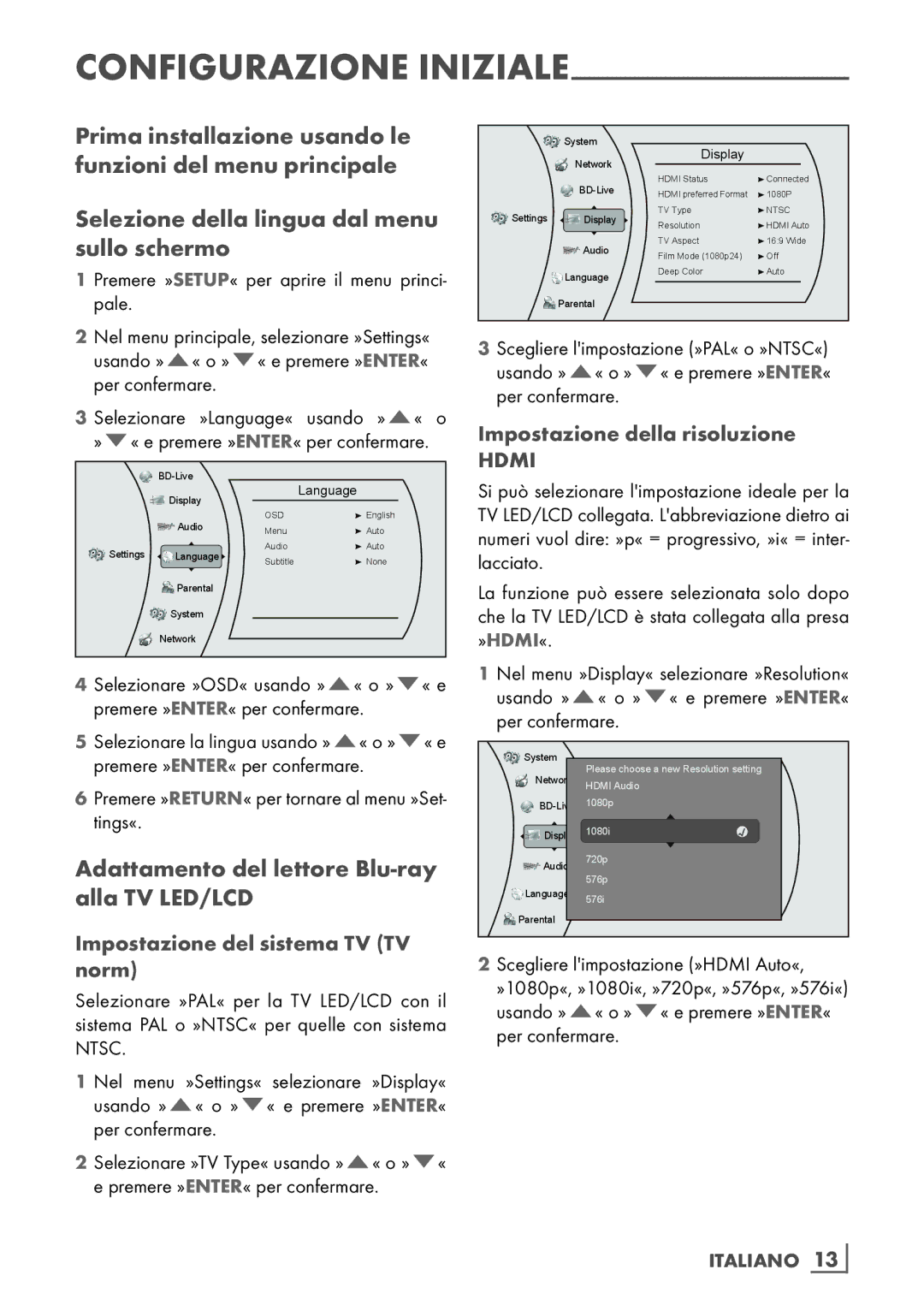 Grundig GBP 6100 2D manual Adattamento del lettore Blu-ray alla TV LED/LCD, Impostazione del sistema TV TV norm 