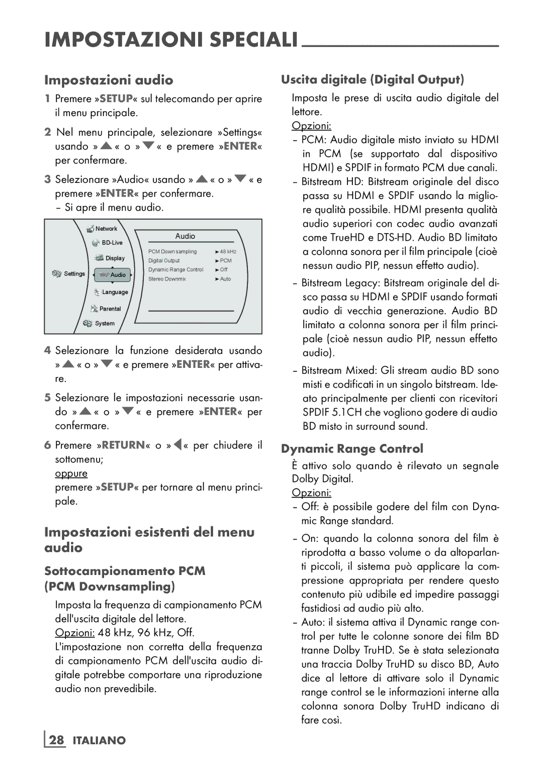 Grundig GBP 6100 2D Impostazioni audio, Impostazioni esistenti del menu audio, Sottocampionamento PCM ­ PCM Downsampling 