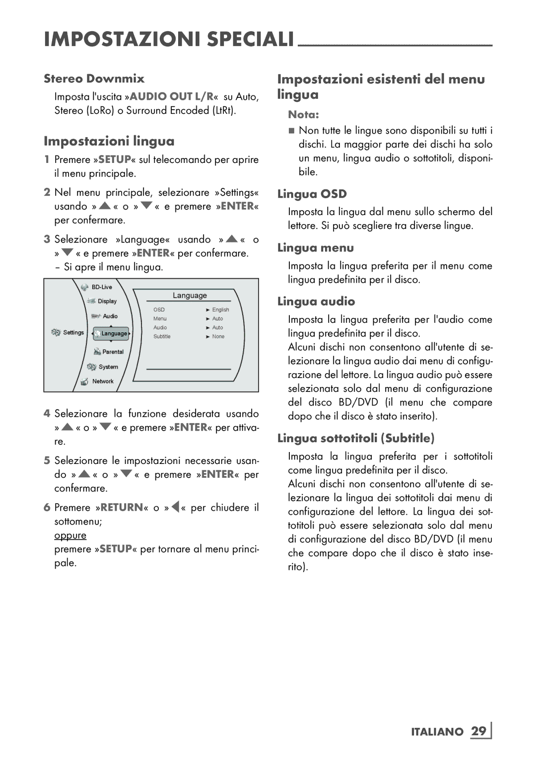 Grundig GBP 6100 2D manual Impostazioni lingua, Impostazioni esistenti del menu lingua 