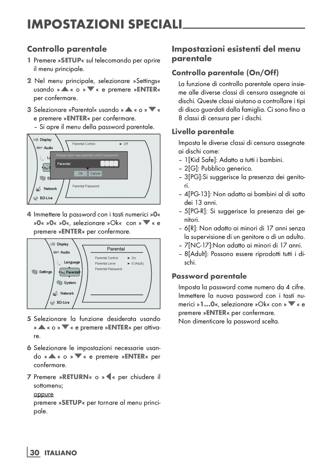 Grundig GBP 6100 2D manual Impostazioni esistenti del menu parentale, Controllo parentale On/Off, Livello parentale 