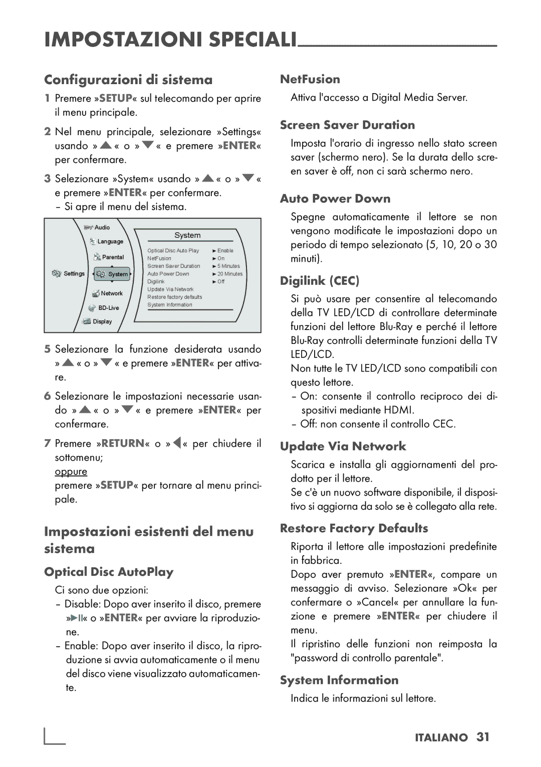 Grundig GBP 6100 2D manual Configurazioni di sistema, Impostazioni esistenti del menu sistema 