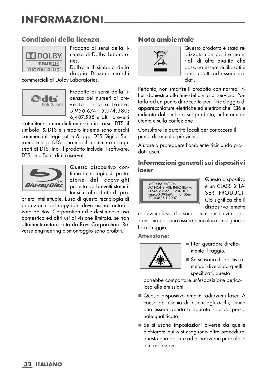 Grundig GBP 6100 2D manual Nota ambientale, Informazioni generali sui dispositivi laser 