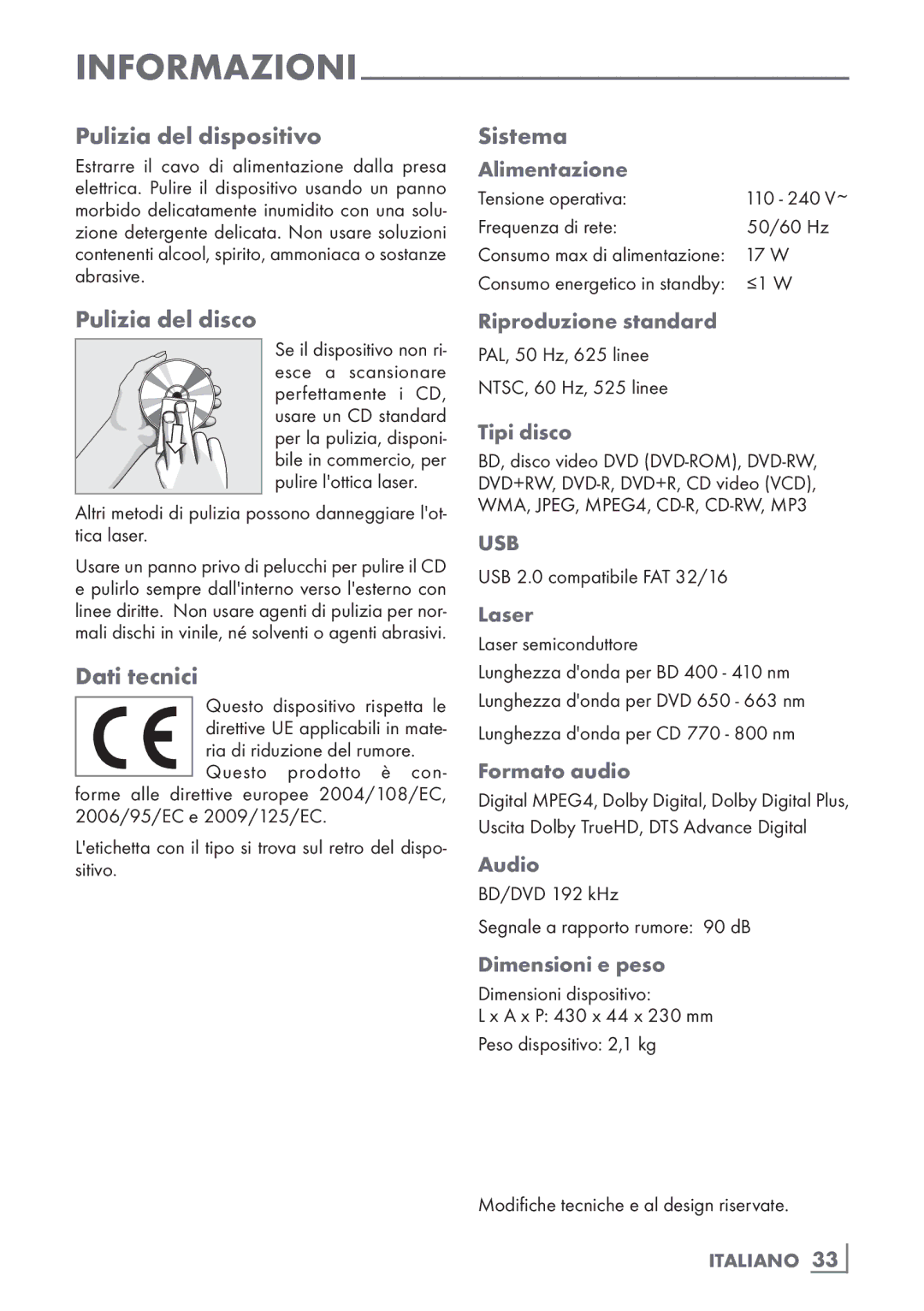 Grundig GBP 6100 2D manual Pulizia del dispositivo, Sistema, Pulizia del disco, Dati tecnici 