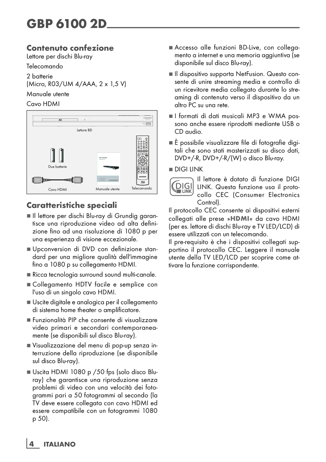 Grundig GBP 6100 2D manual Contenuto confezione, Caratteristiche speciali 