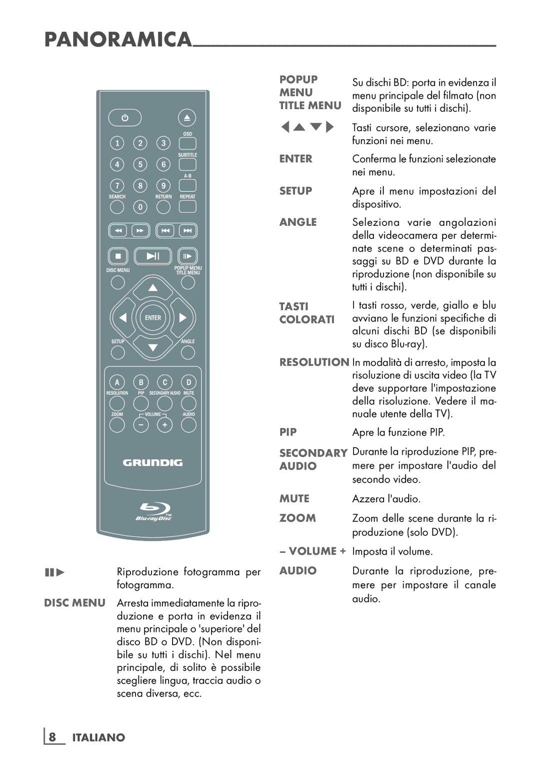 Grundig GBP 6100 2D manual Dispositivo, Seleziona varie angolazioni, Tutti i dischi, Su disco Blu-ray 