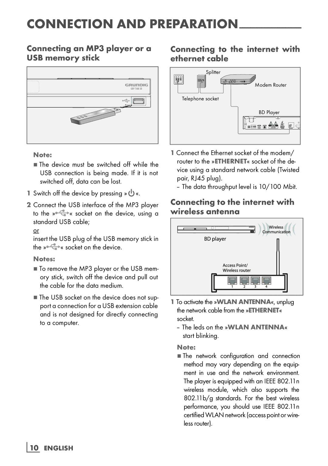 Grundig GBP 7000 3D manual Connecting an MP3 player or a USB memory stick, Connecting to the internet with ethernet cable 