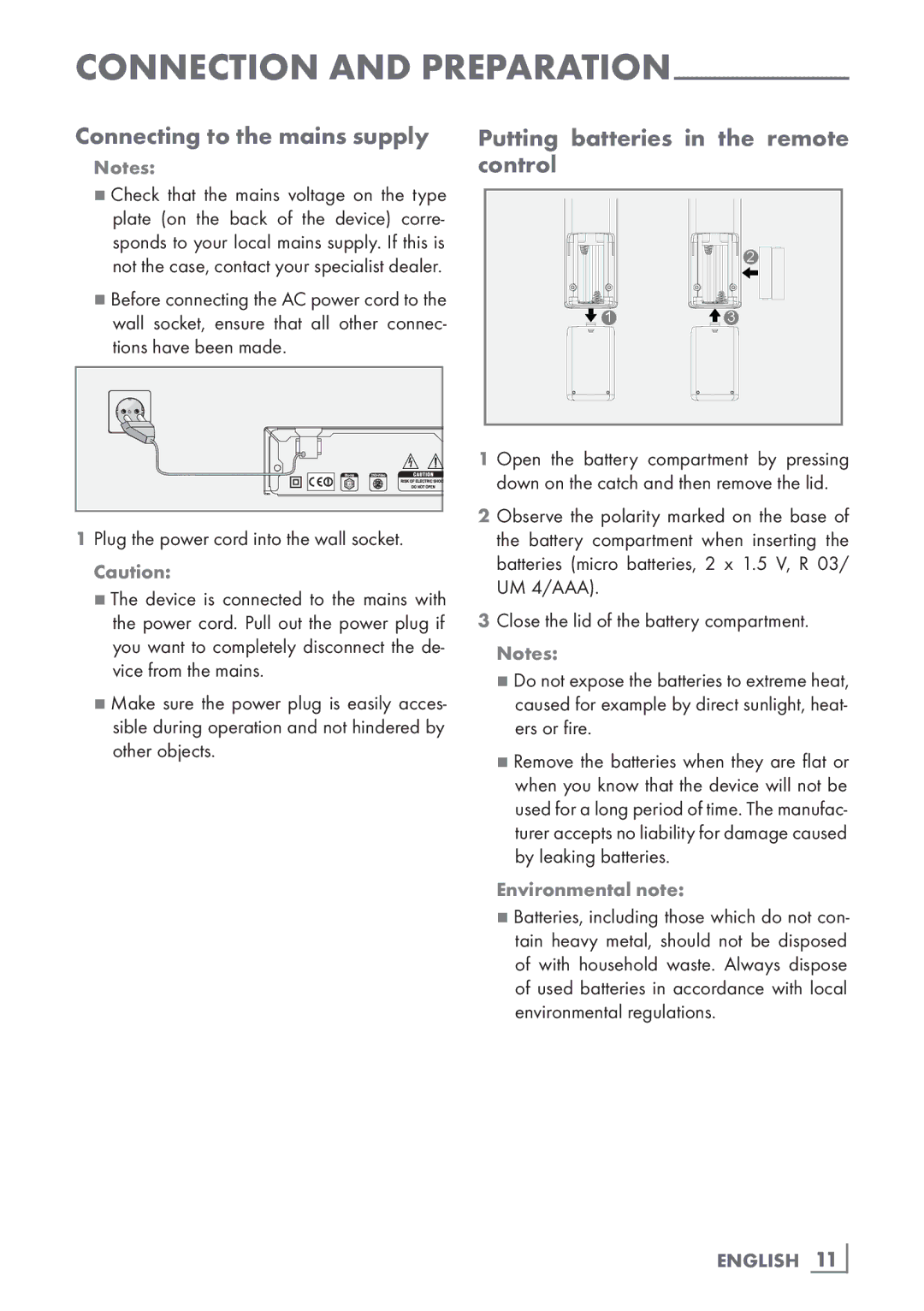 Grundig GBP 7000 3D manual Connecting to the mains supply, Putting batteries in the remote control, English 11­ 