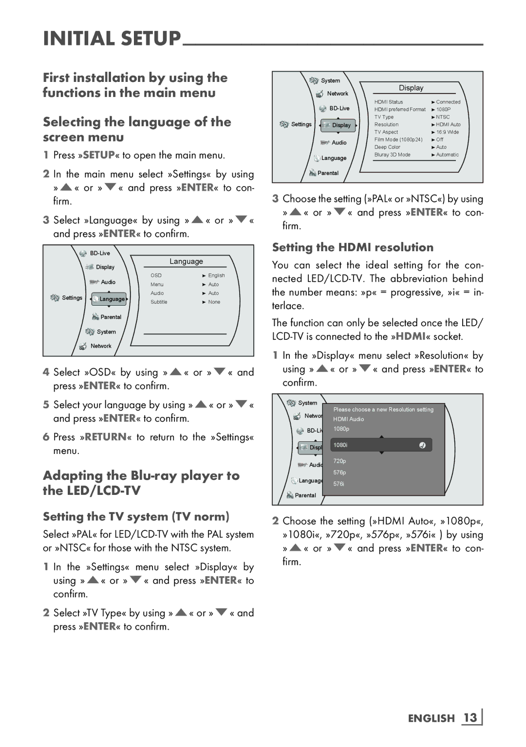 Grundig GBP 7000 3D manual Adapting the Blu-ray player to the LED/LCD-TV, Setting the TV system TV norm, English 13­ 