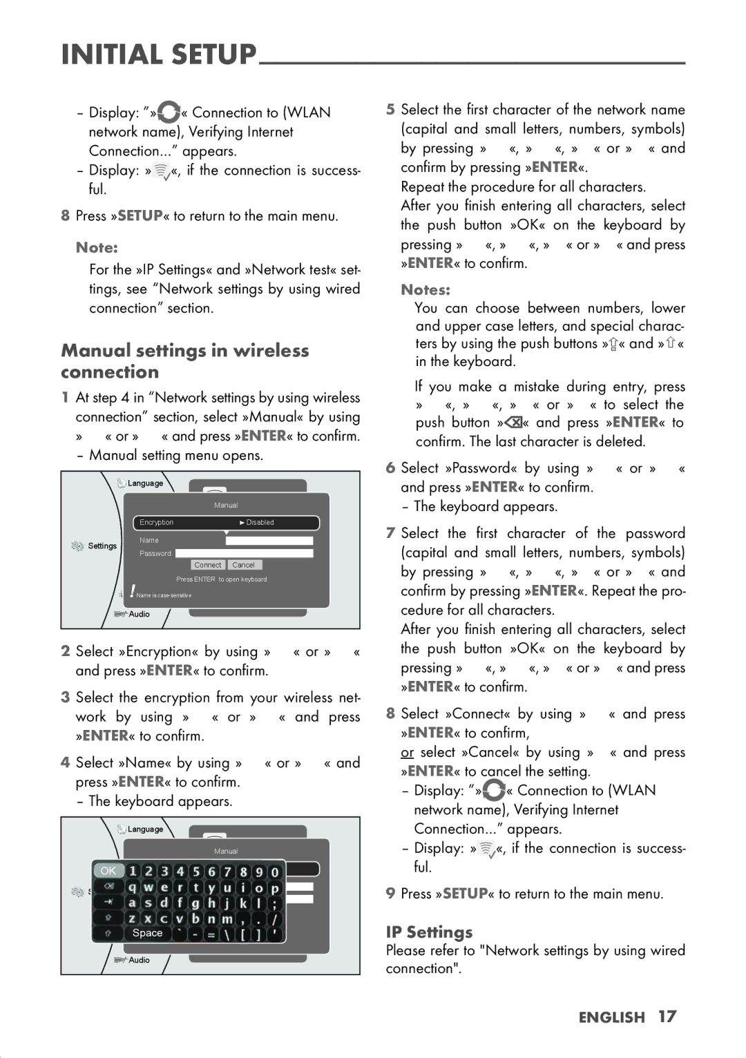 Grundig GBP 7000 3D manual Manual settings in wireless connection, IP Settings, Manual setting menu opens, English 17­ 