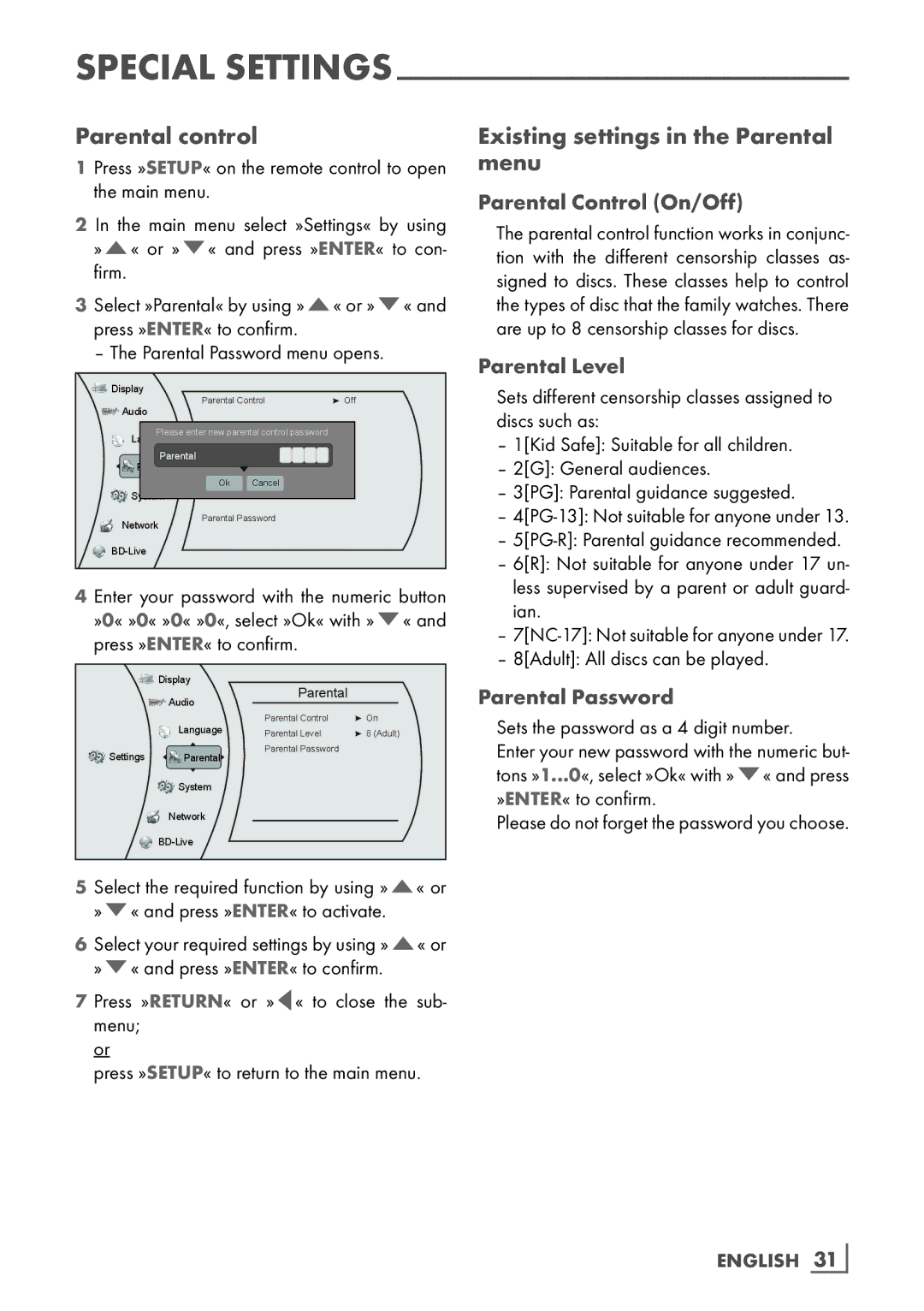 Grundig GBP 7000 3D Parental control, Existing settings in the Parental menu, Parental Control On/Off, Parental Level 