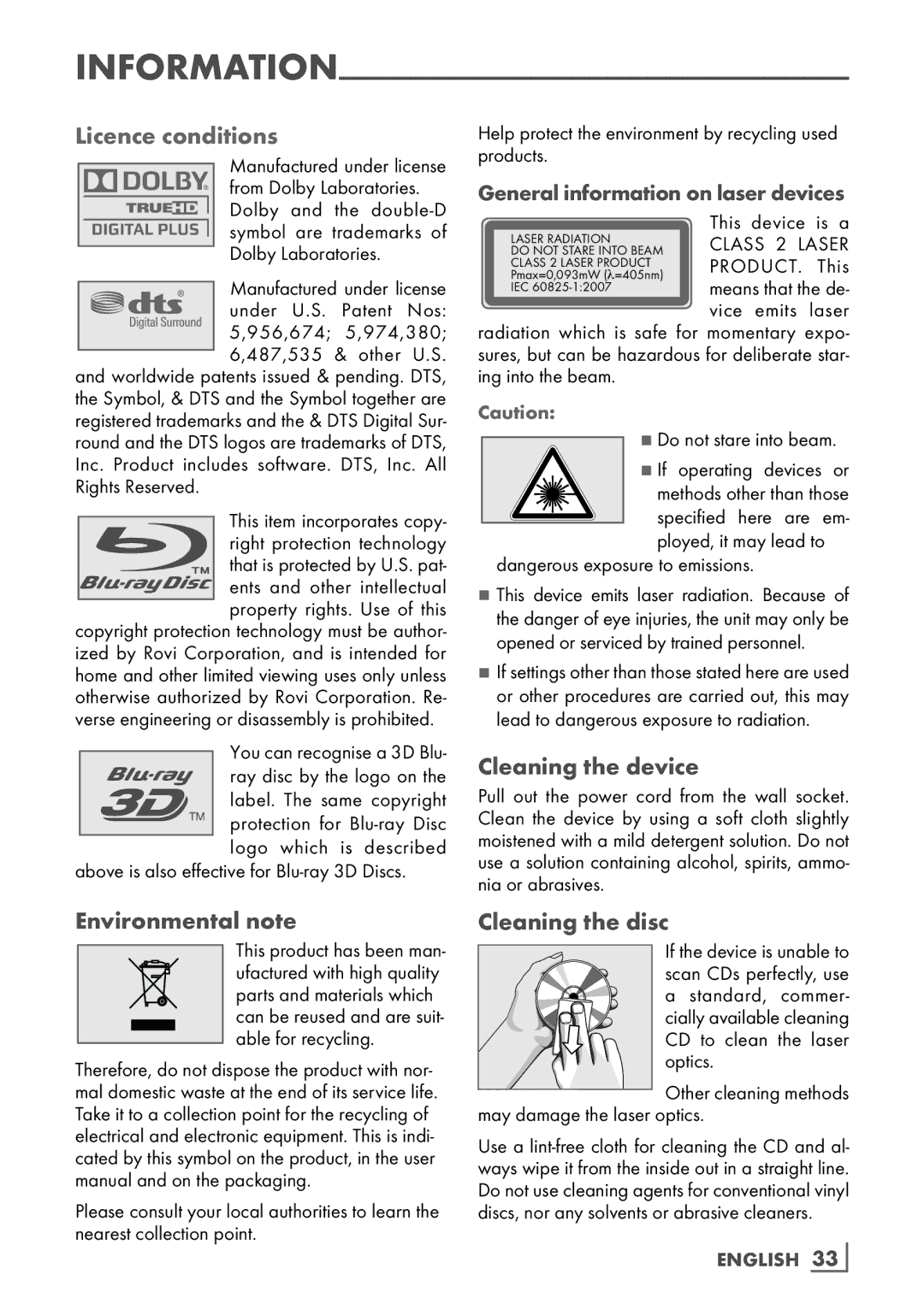 Grundig GBP 7000 3D manual Cleaning the device, Environmental note, Cleaning the disc, General information on laser devices 
