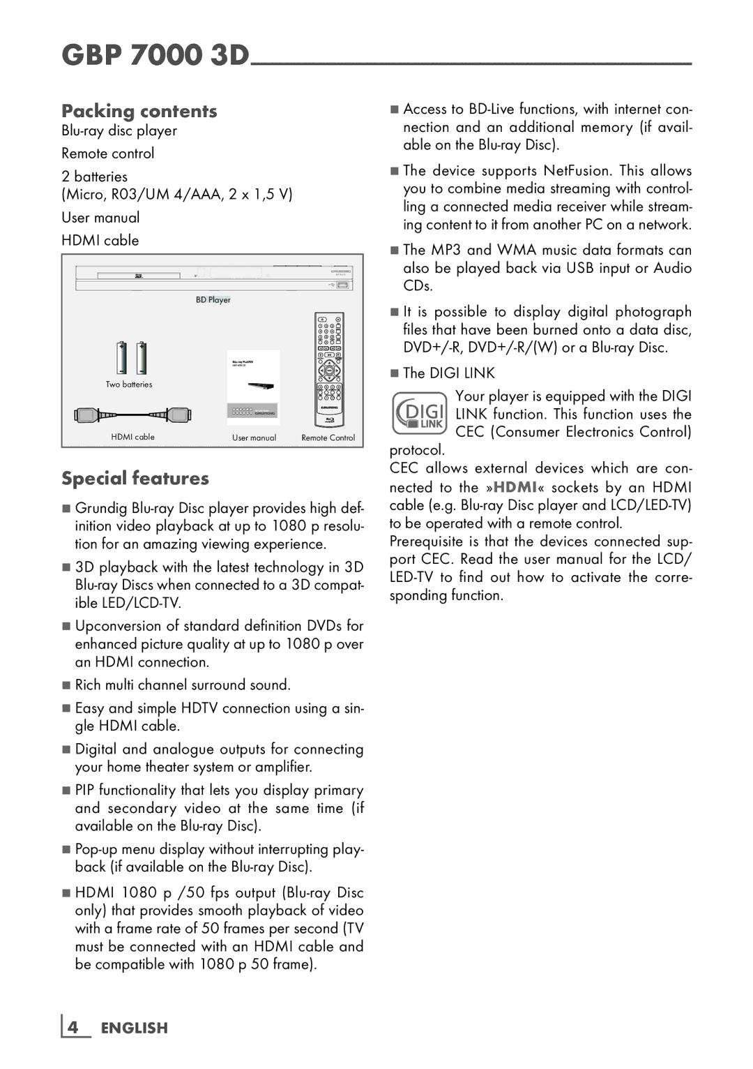 Grundig GBP 7000 3D manual Packing contents, Special features 