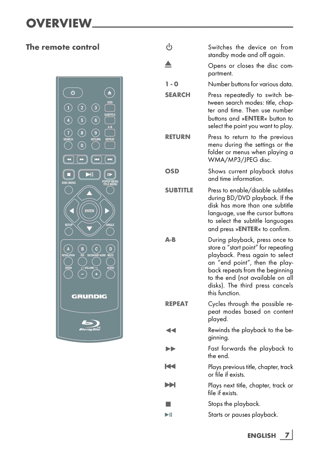 Grundig GBP 7000 3D manual Remote control, English 7­ 