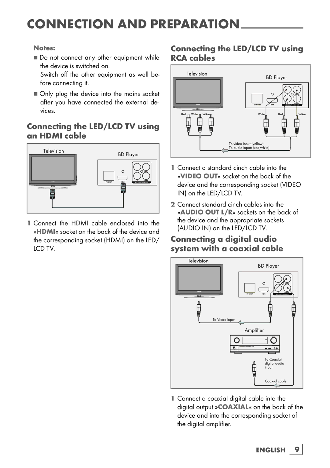 Grundig GBP 7000 3D Connecting the LED/LCD TV using an Hdmi cable, Connecting the LED/LCD TV using RCA cables, English 9­ 