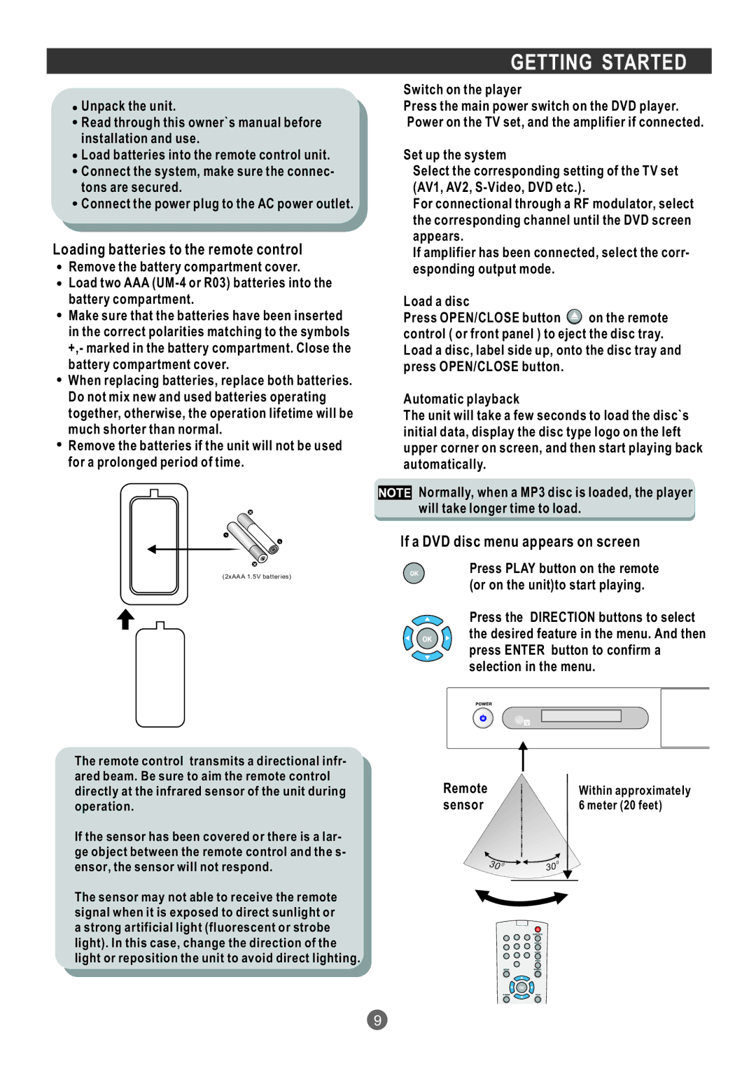 Grundig GDP 1600P manual Getting Started, Switch on the player, Remote, Sensor 