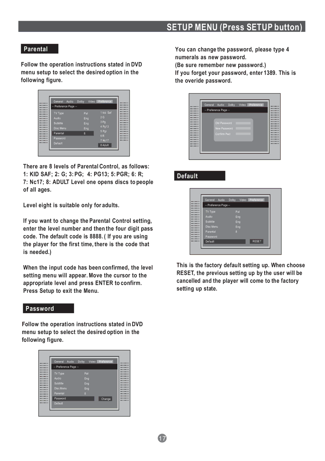 Grundig GDP 1600P manual Parental, Password, Default 