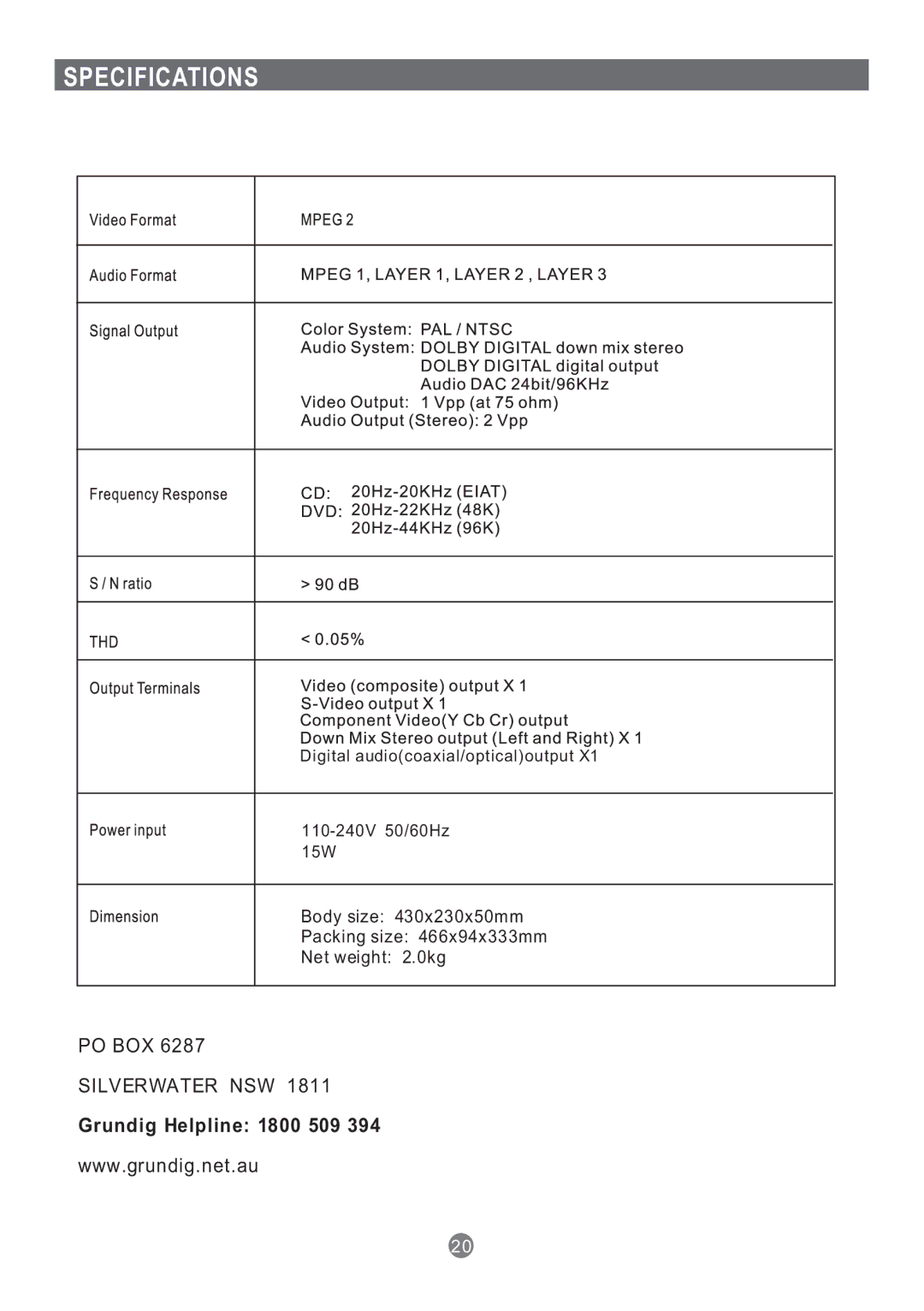 Grundig GDP 1600P manual Specifications 