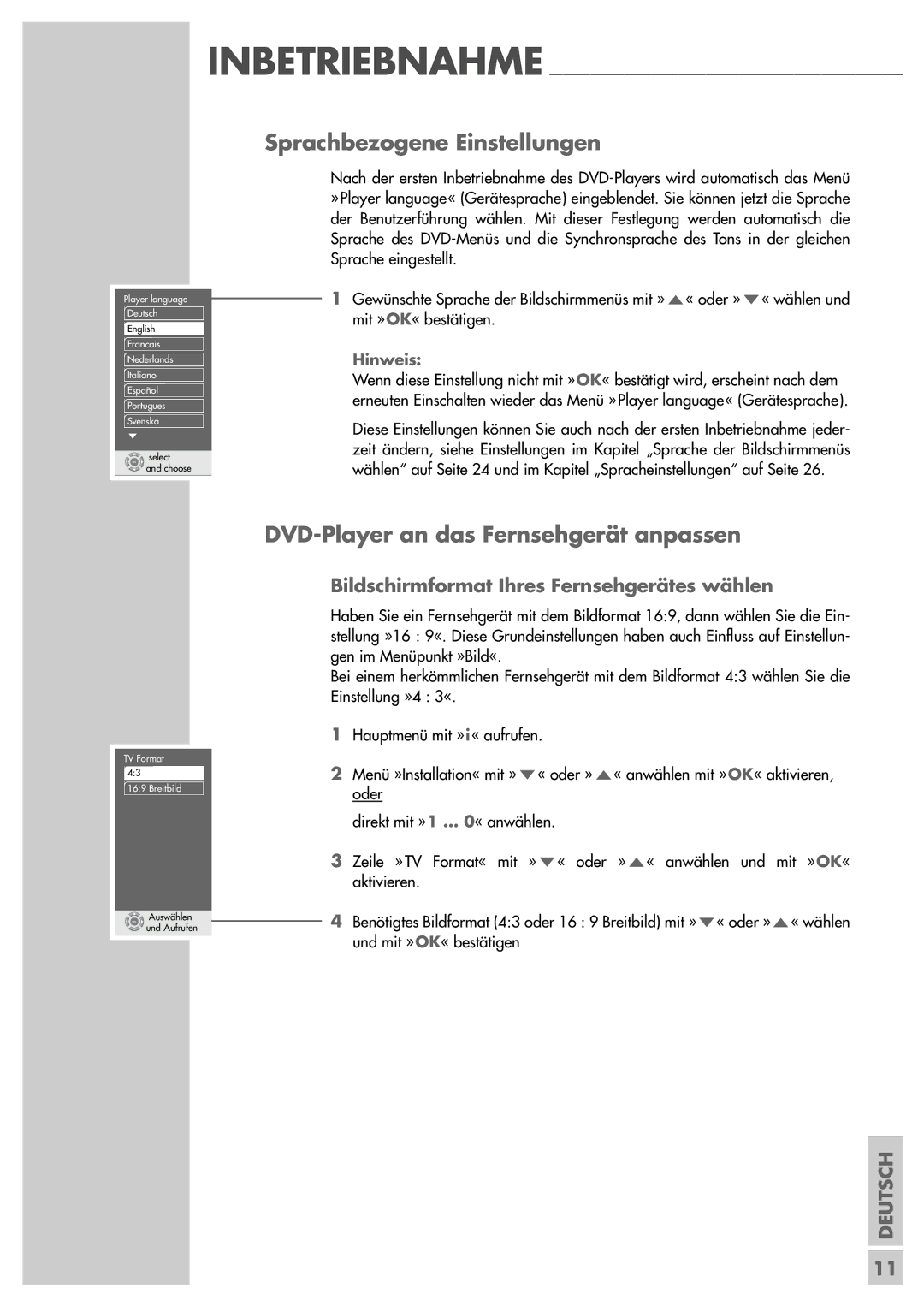 Grundig GDP 3200 manual Sprachbezogene Einstellungen, DVD-Player an das Fernsehgerät anpassen 