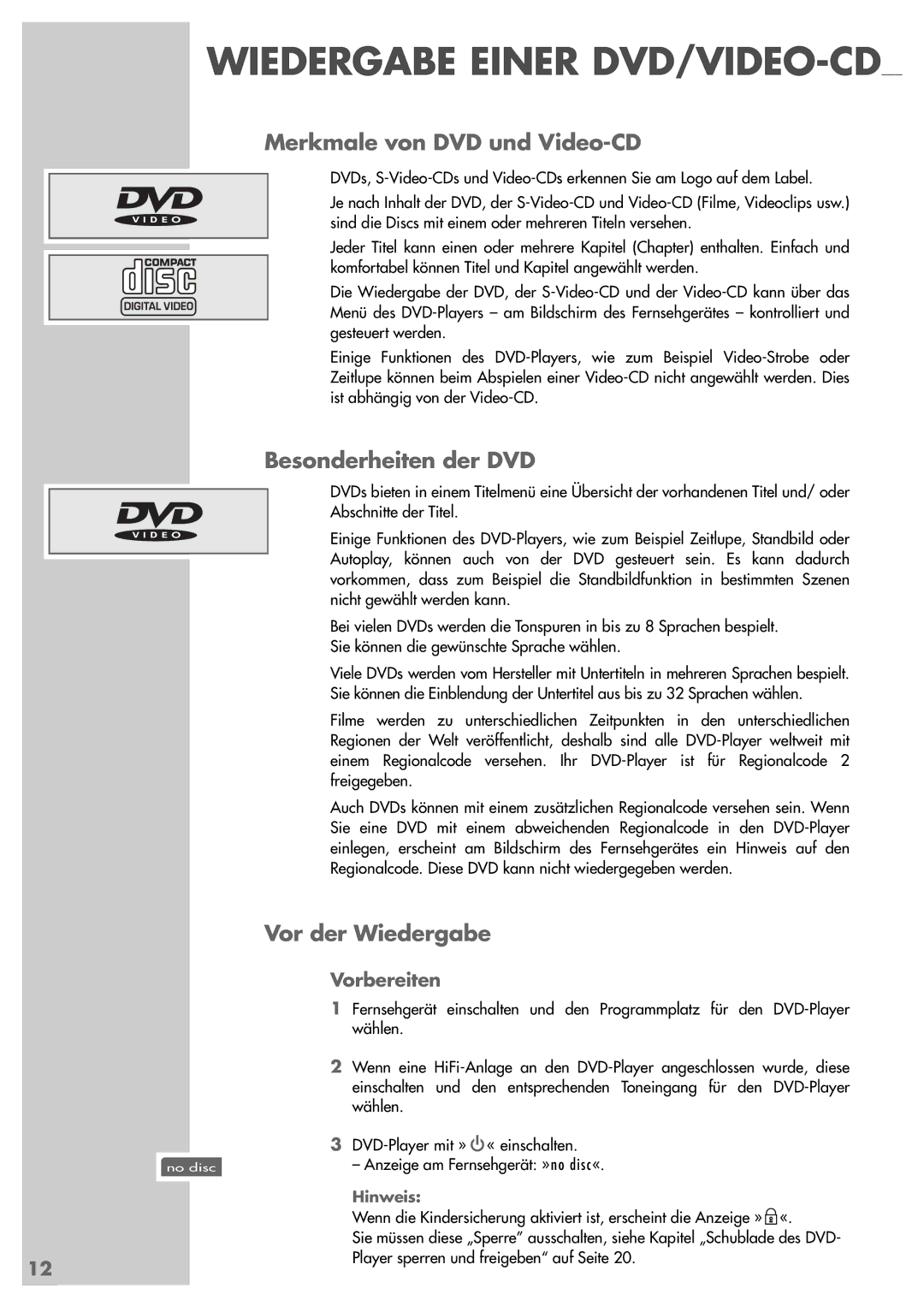 Grundig GDP 3200 manual Merkmale von DVD und Video-CD, Besonderheiten der DVD, Vor der Wiedergabe, Vorbereiten 