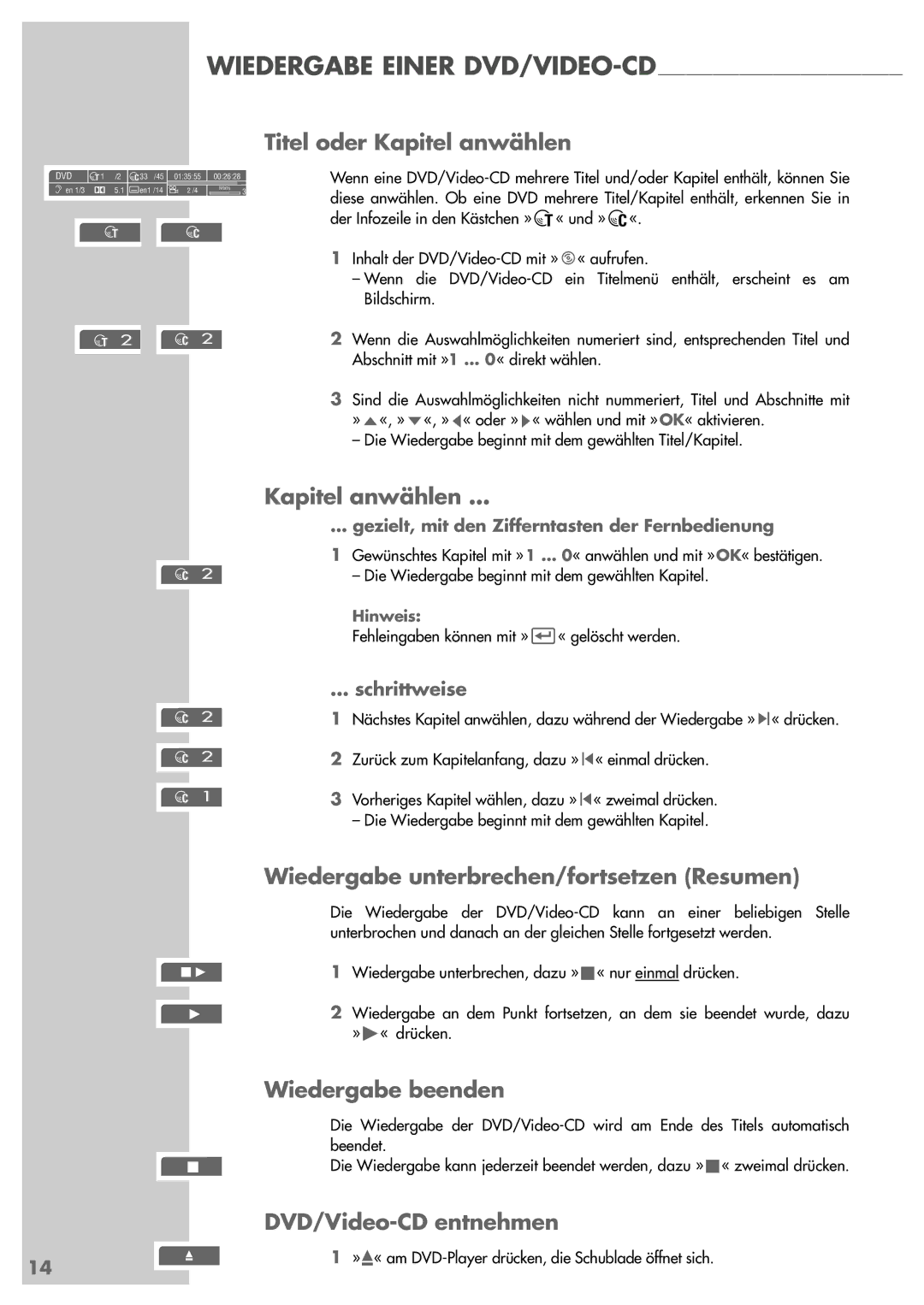 Grundig GDP 3200 manual Titel oder Kapitel anwählen, Wiedergabe unterbrechen/fortsetzen Resumen, Wiedergabe beenden 