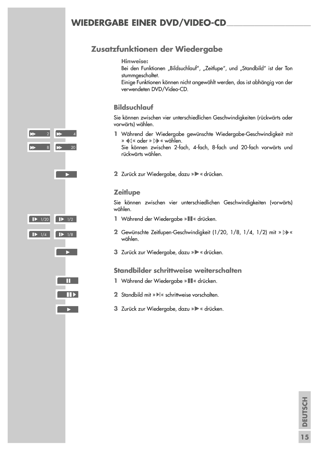 Grundig GDP 3200 manual Zusatzfunktionen der Wiedergabe, Bildsuchlauf, Zeitlupe, Standbilder schrittweise weiterschalten 