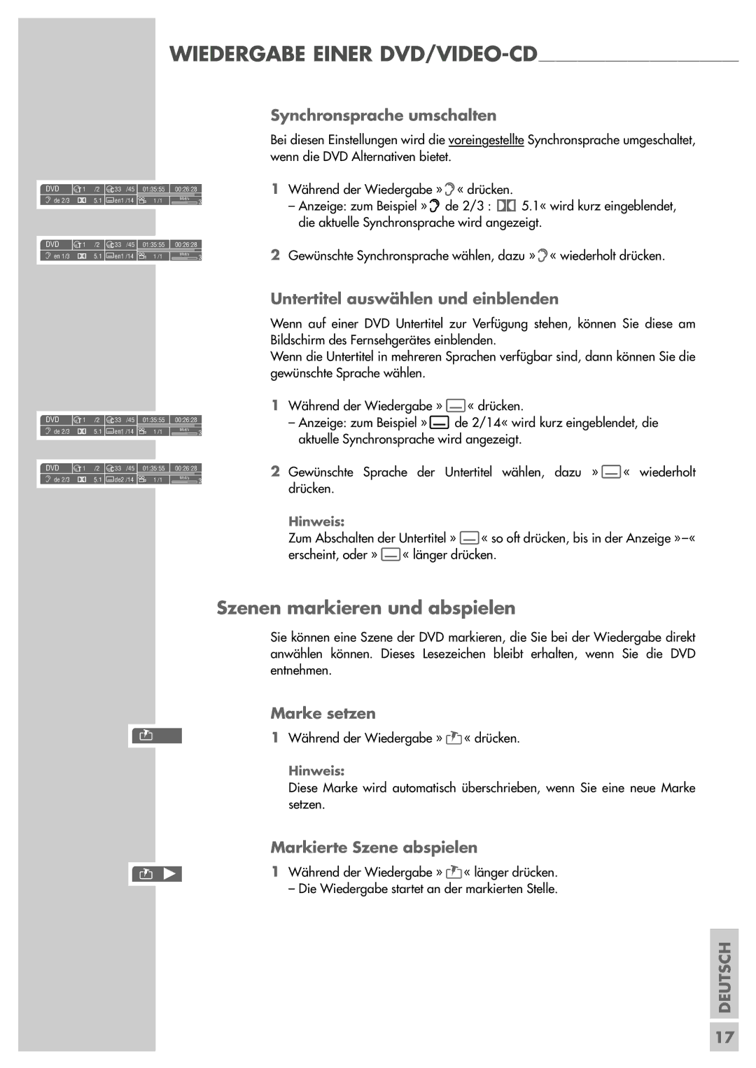 Grundig GDP 3200 manual Szenen markieren und abspielen, Synchronsprache umschalten, Untertitel auswählen und einblenden 