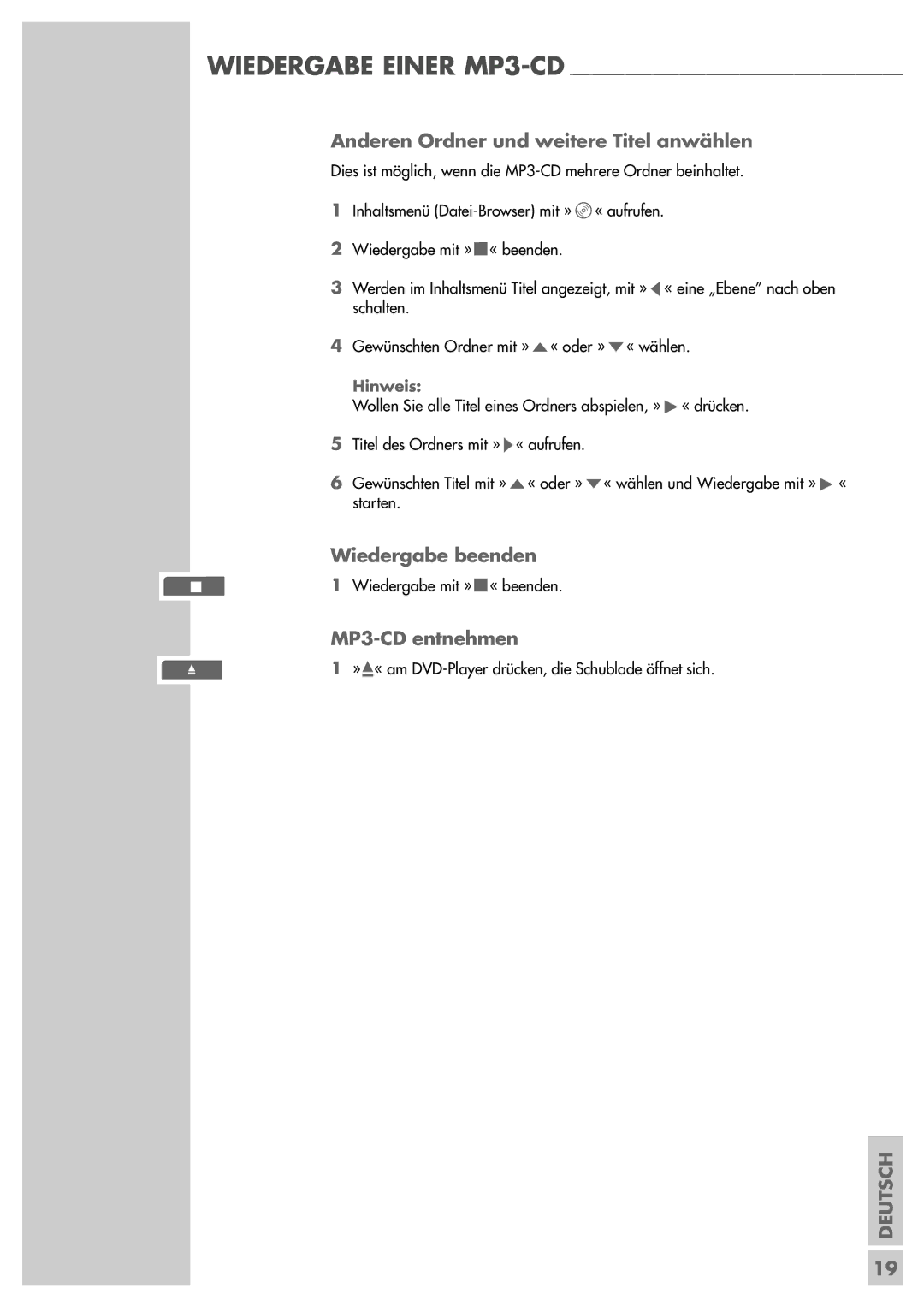 Grundig GDP 3200 manual Anderen Ordner und weitere Titel anwählen, Wiedergabe beenden, MP3-CD entnehmen 