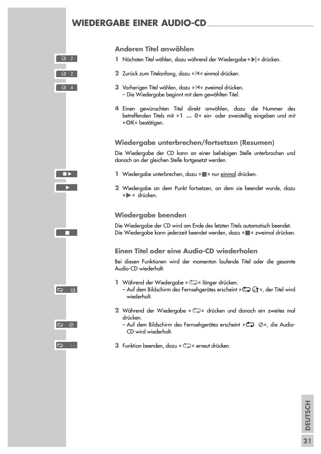 Grundig GDP 3200 manual Anderen Titel anwählen, Wiedergabe unterbrechen/fortsetzen Resumen 