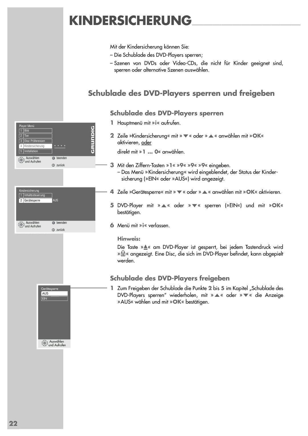 Grundig GDP 3200 manual Schublade des DVD-Players sperren und freigeben, Schublade des DVD-Players freigeben 