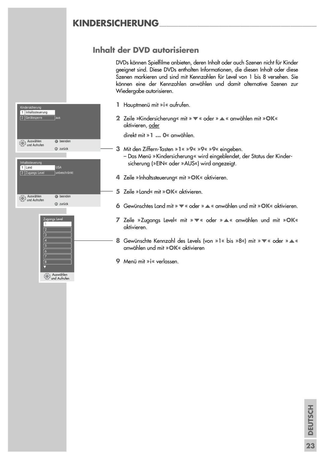 Grundig GDP 3200 manual Inhalt der DVD autorisieren, Usa 