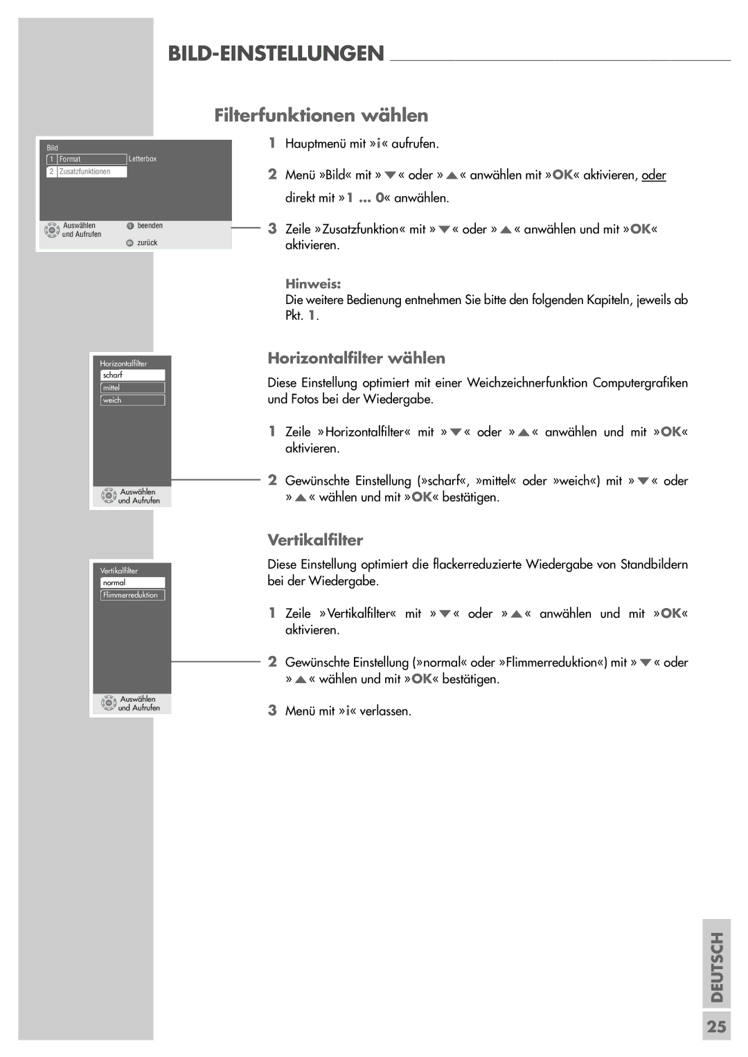 Grundig GDP 3200 manual Filterfunktionen wählen, Horizontalfilter wählen, Vertikalfilter 