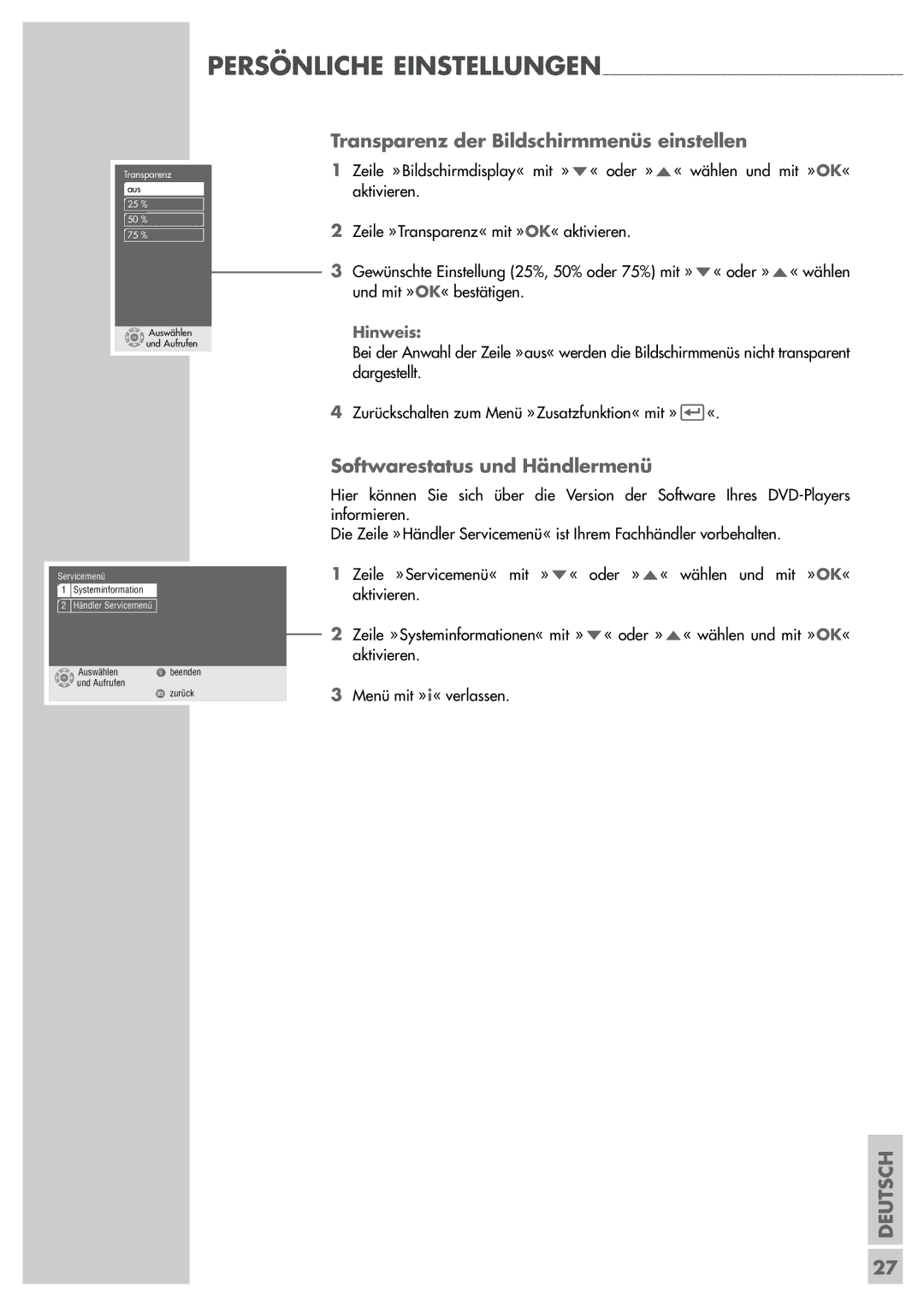 Grundig GDP 3200 manual Transparenz der Bildschirmmenüs einstellen, Softwarestatus und Händlermenü 