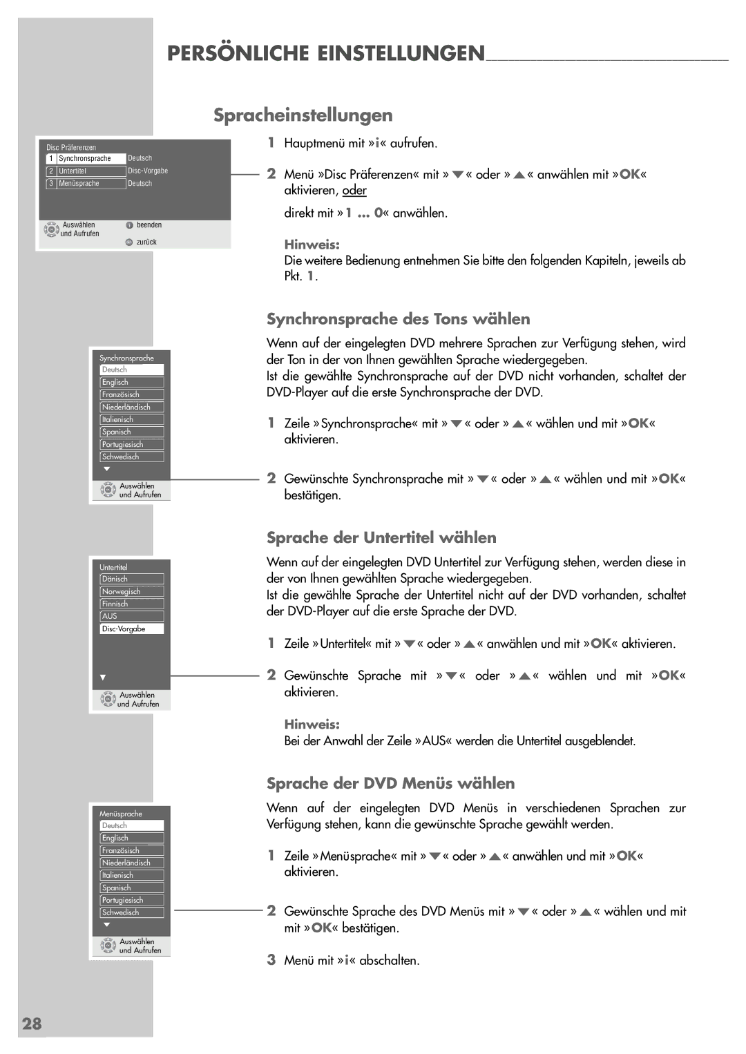 Grundig GDP 3200 manual Spracheinstellungen, Synchronsprache des Tons wählen, Sprache der Untertitel wählen 