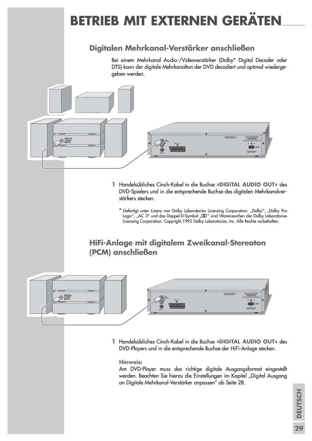 Grundig GDP 3200 manual Betrieb MIT Externen Geräten, Digitalen Mehrkanal-Verstärker anschließen 