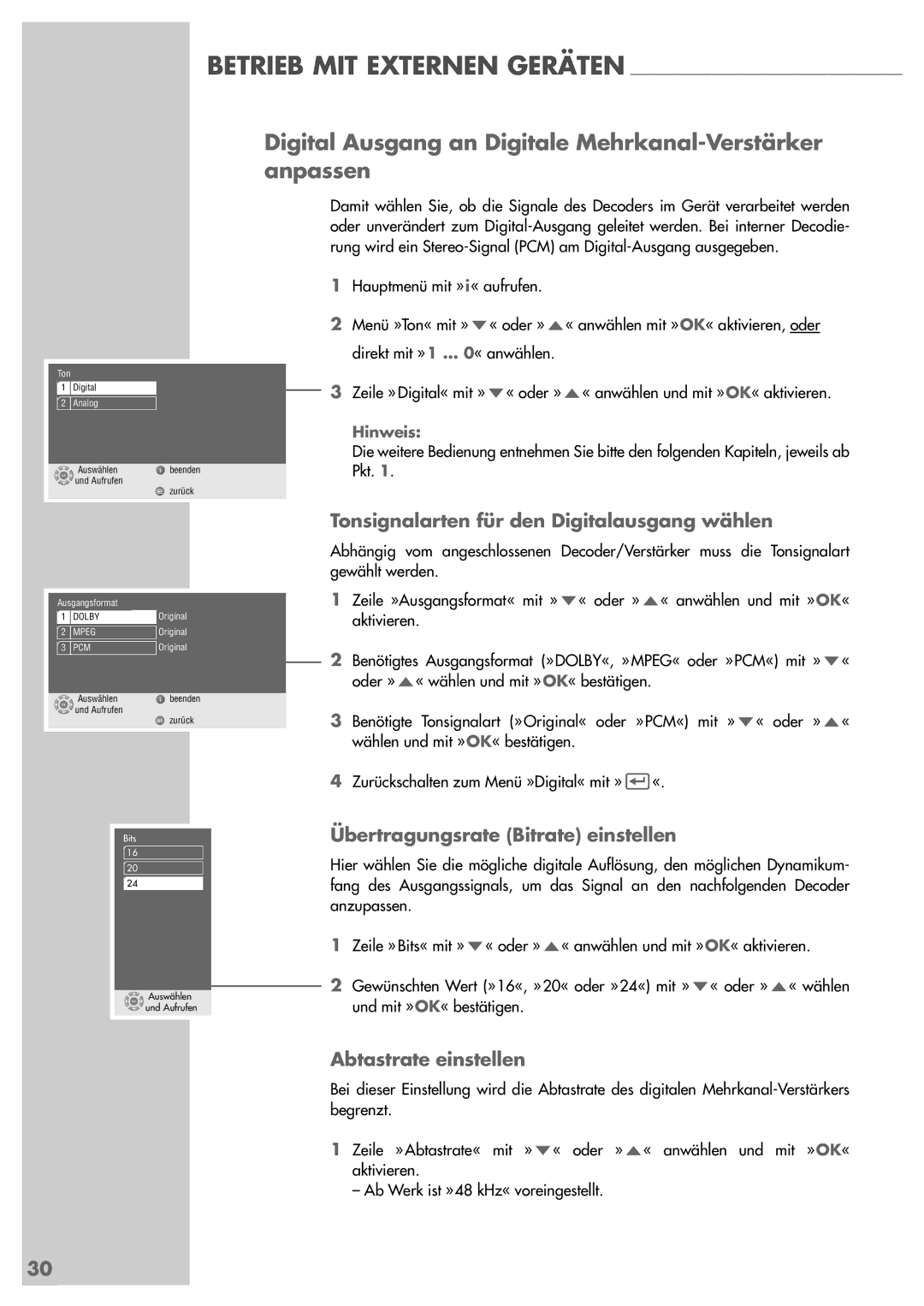 Grundig GDP 3200 Digital Ausgang an Digitale Mehrkanal-Verstärker anpassen, Tonsignalarten für den Digitalausgang wählen 