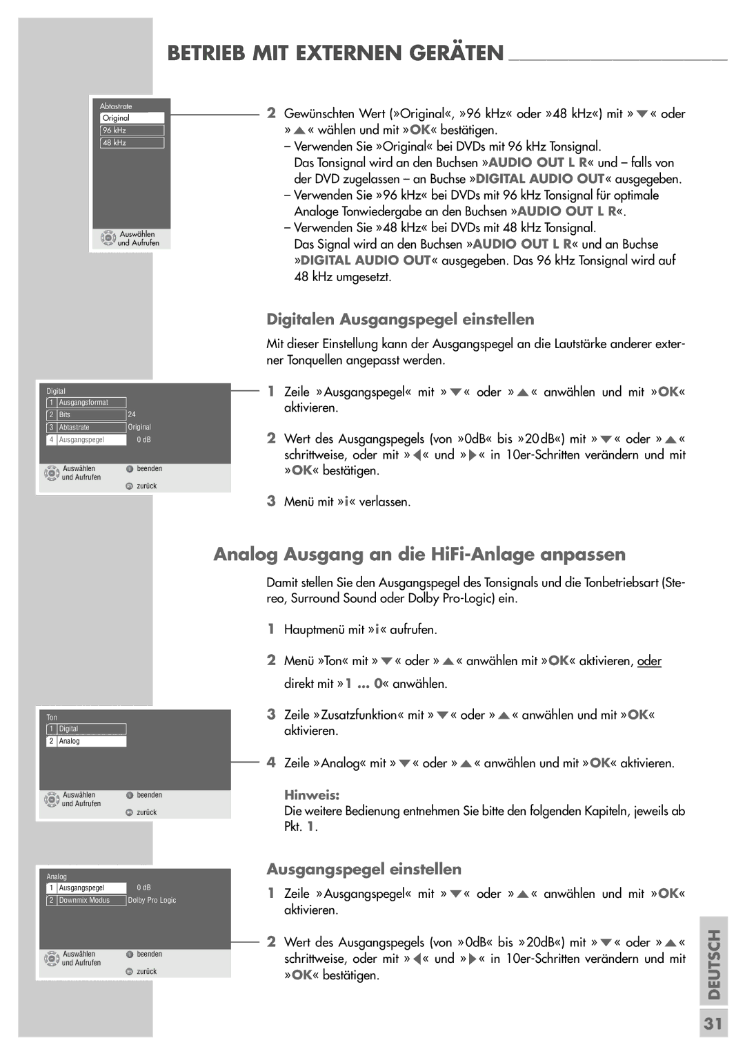 Grundig GDP 3200 manual Analog Ausgang an die HiFi-Anlage anpassen, Digitalen Ausgangspegel einstellen 