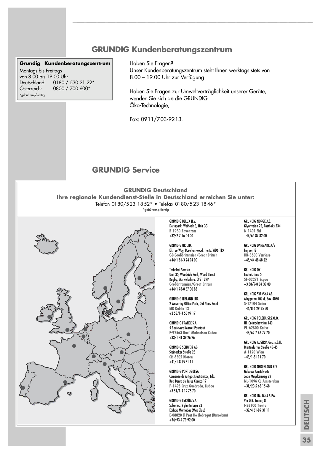 Grundig GDP 3200 manual Grundig Kundenberatungszentrum, Grundig Service 