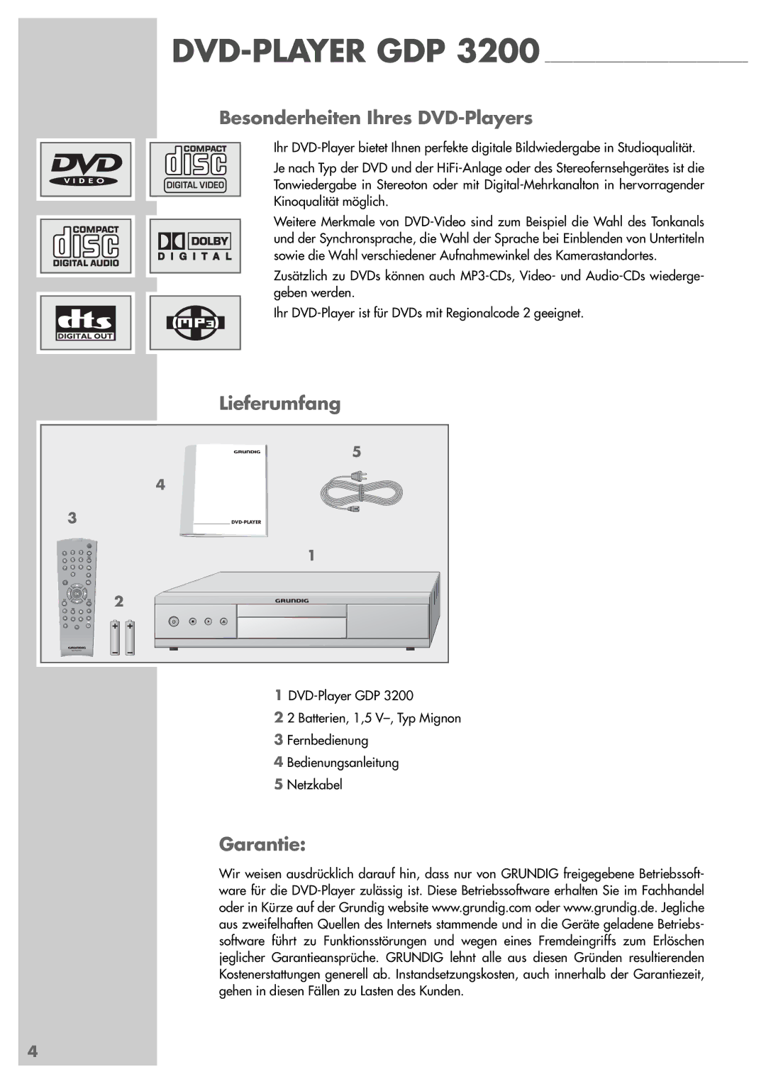 Grundig GDP 3200 manual Besonderheiten Ihres DVD-Players, Lieferumfang, Garantie 