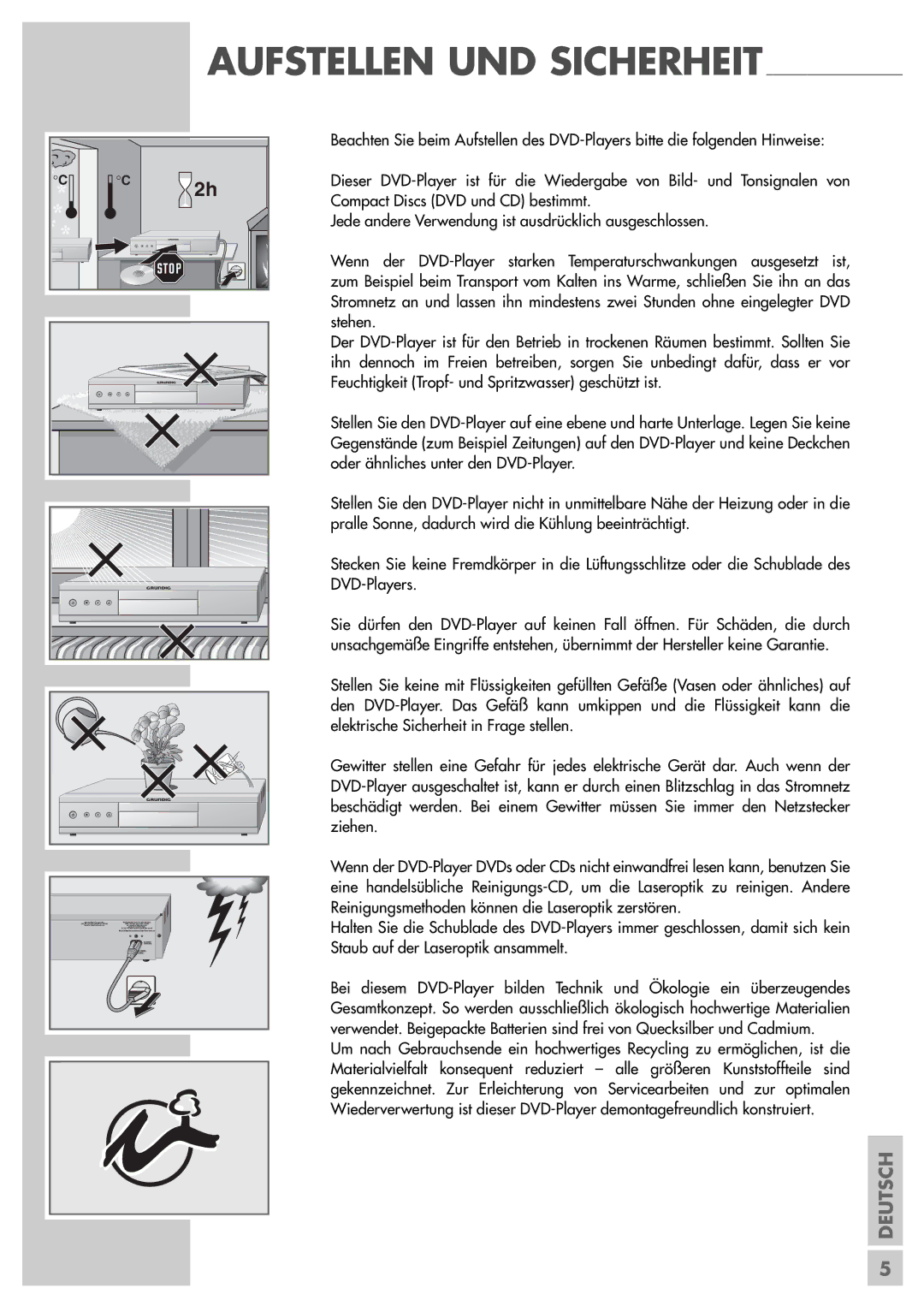 Grundig GDP 3200 manual Aufstellen UND Sicherheit 