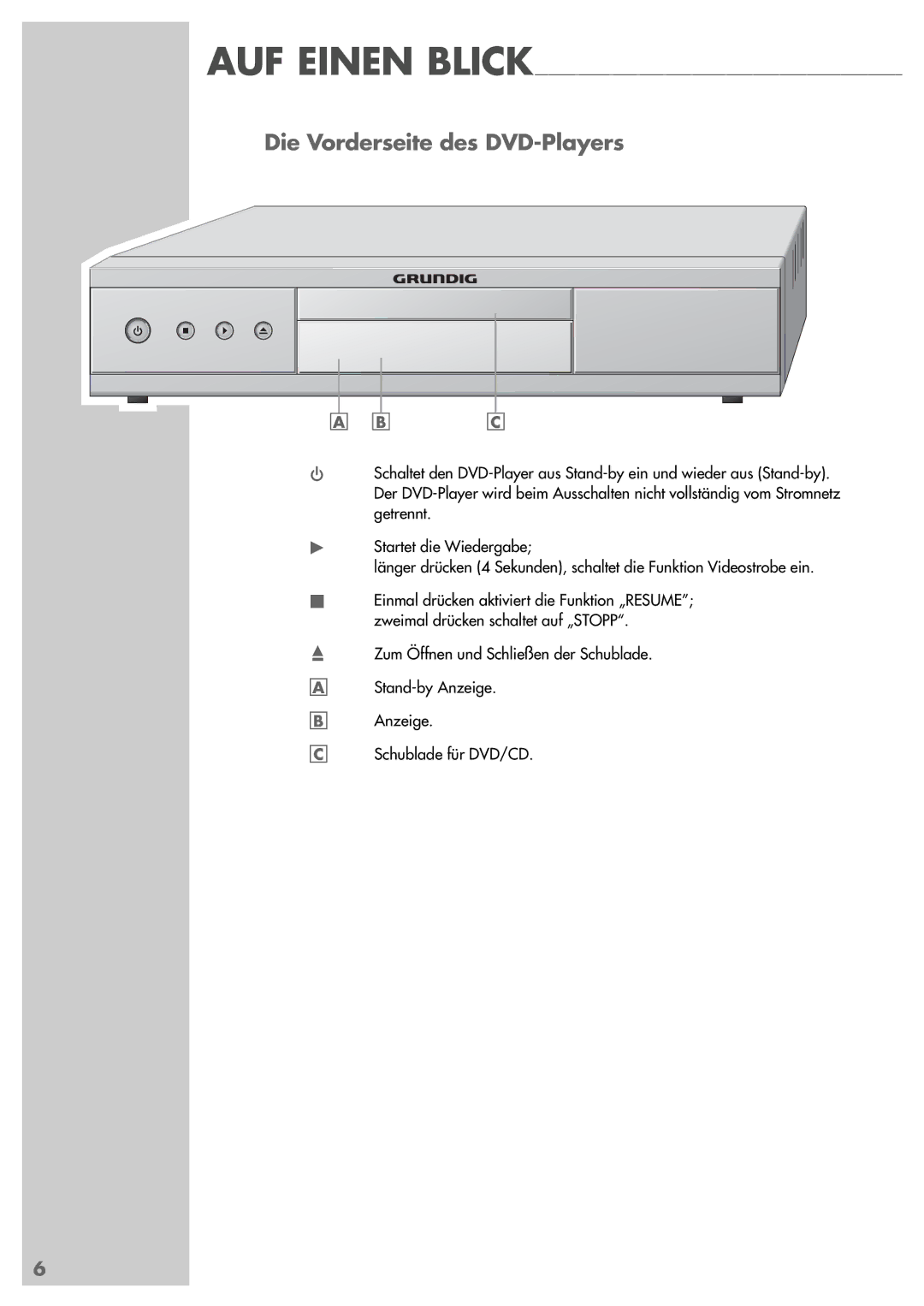 Grundig GDP 3200 manual Die Vorderseite des DVD-Players 