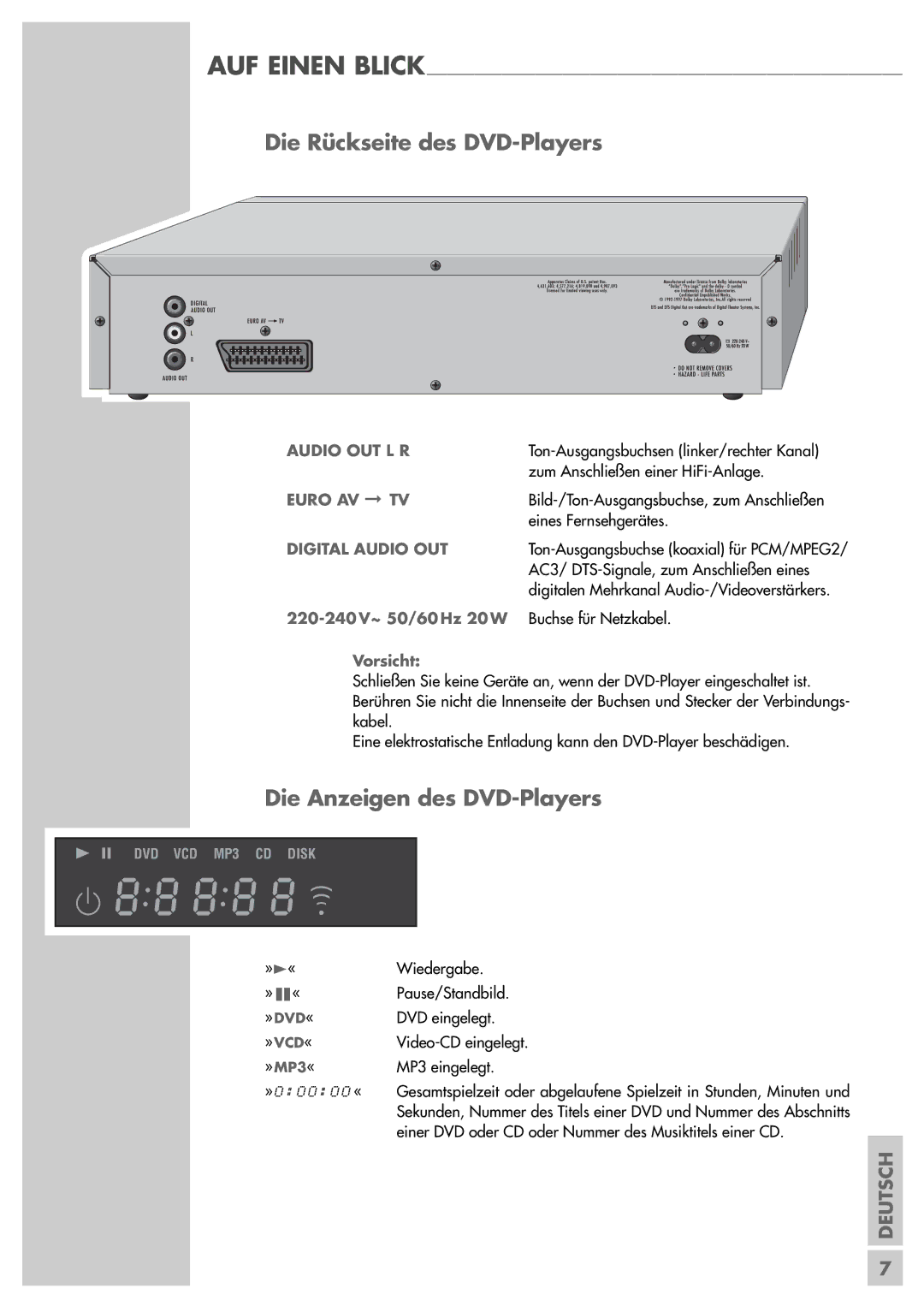 Grundig GDP 3200 manual Die Rückseite des DVD-Players, Die Anzeigen des DVD-Players 