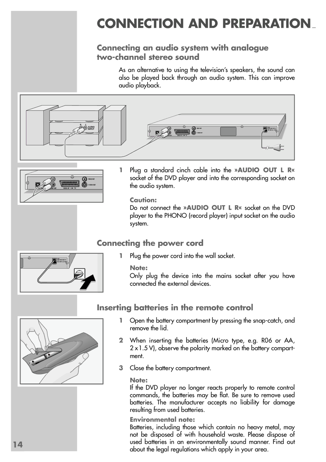 Grundig GDP 9550 manual Connecting the power cord, Inserting batteries in the remote control, Environmental note 